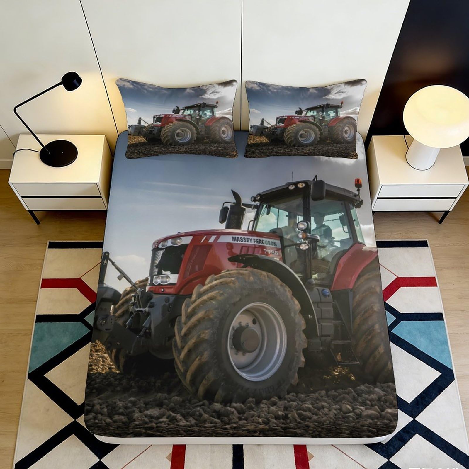 3D Printed Red Tractor Fitted Sheet Microfiber Non-Slip Farm Machinery Bed Cover for Bedroom Dorm Mattress Protection 160x200x25cm