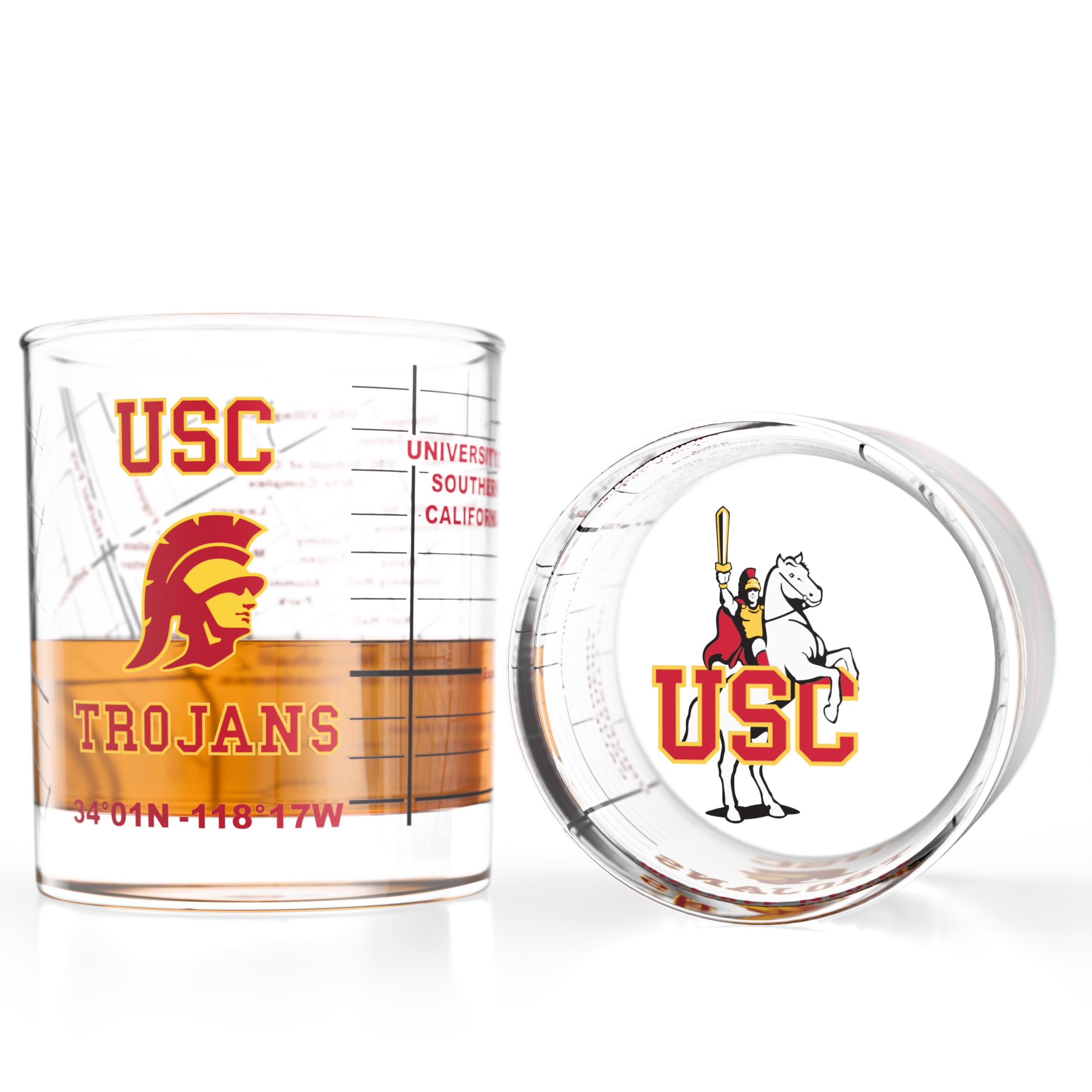 Greenline Goods University of Southern California Trojans Whiskey Glasses Set of 2, 10 oz Rocks Glasses with Full-Color Logo &amp; Campus Map – Officially Licensed Bourbon Glass Gift for Alumni &amp; Fans