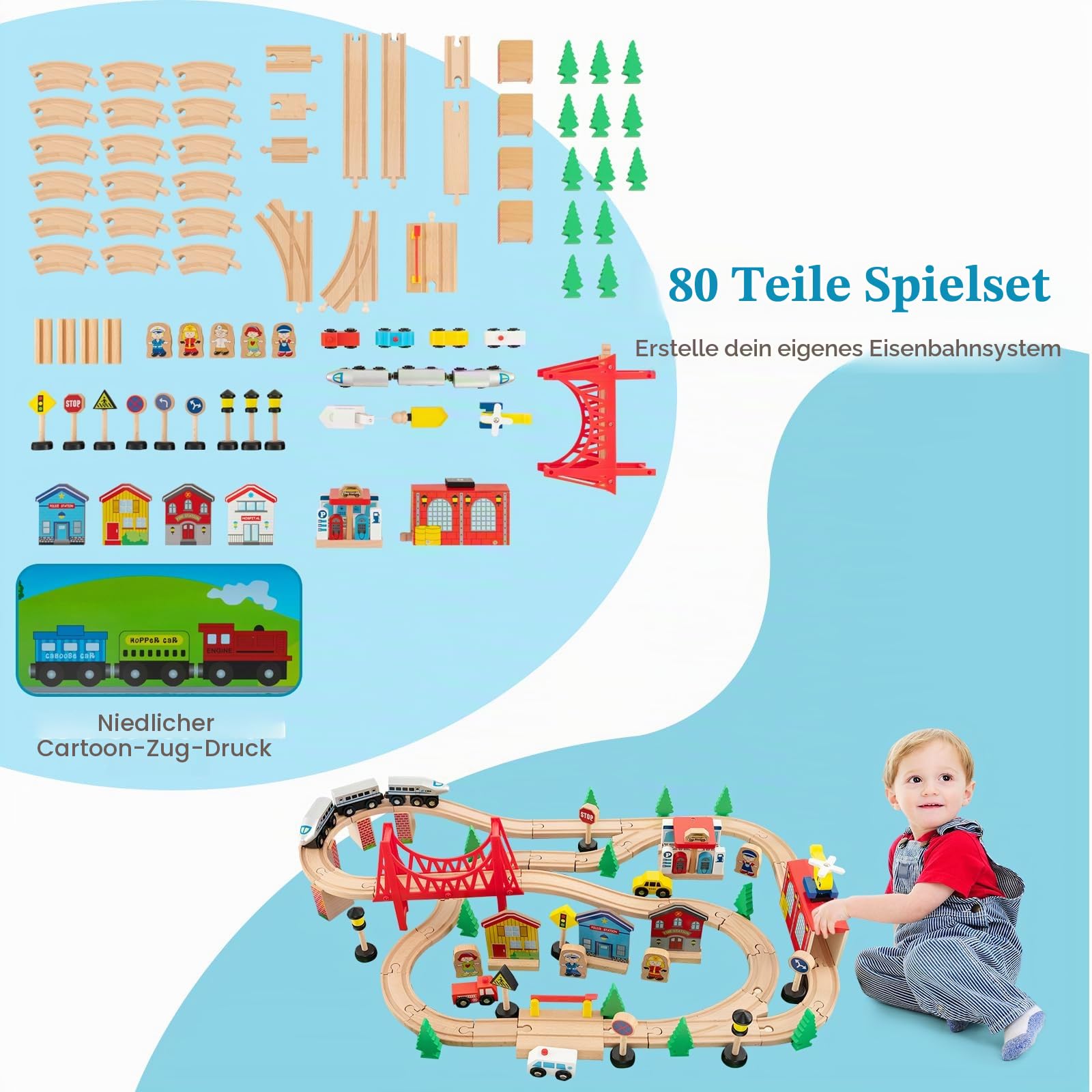 LIFEZEAL Spieltisch mit Holzeisenbahn, 80-teiliges Spielzeug-Set mit Schienen, Eisenbahnstrecke mit Autos, Hubschrauber & Flugzeug, Spielzeug Kindertisch mit Abnehmbarer Tischplatte