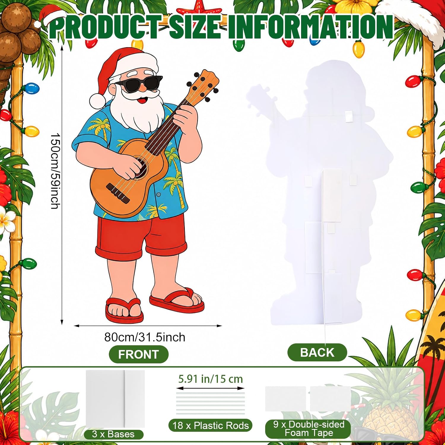 5 Ft Large Christmas in July Santa Cardboard Cutout, Life Size Santa Claus Stand Up Photo Props Hawaiian Claus Standup Backdrop Decoration for Beach Tropical Luau Summer Decor Supply