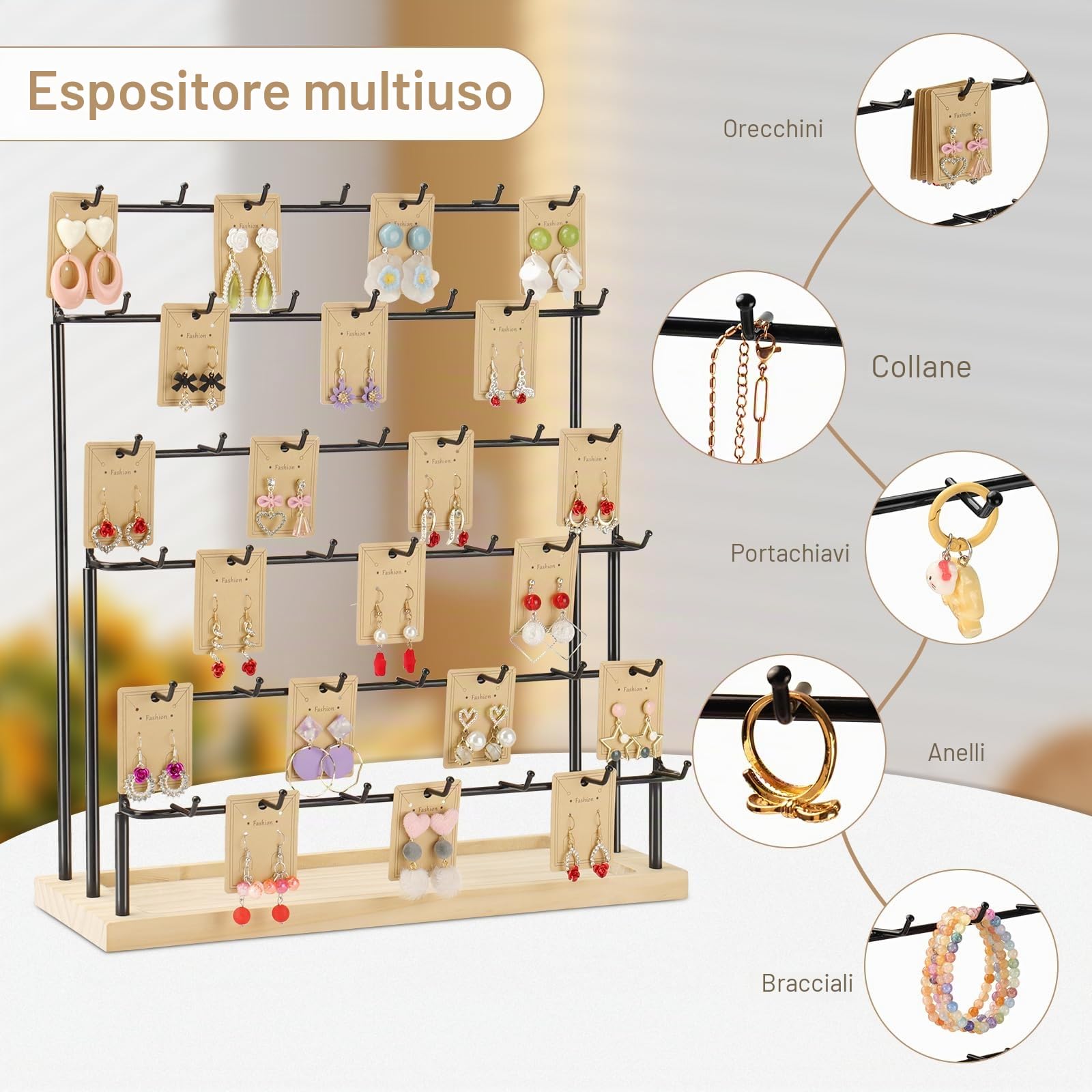 Espositore per Orecchini per Venditori 6 Livelli 42 Ganci in Legno Espositore per Orecchini Collane Anelli Bracciali Portachiavi (Nero)