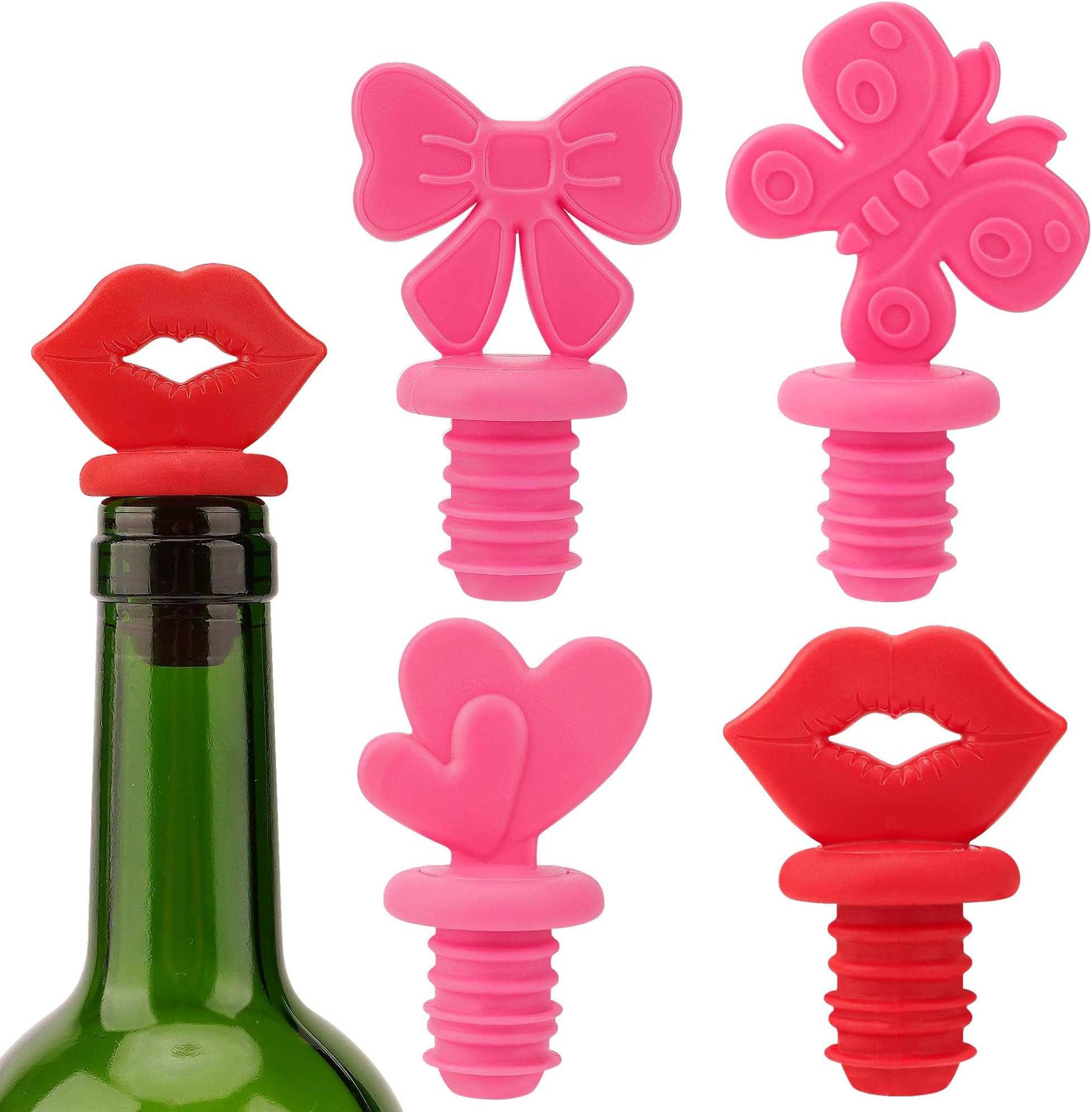 4-Pack Creative Shape Wine Bottle Stoppers, Fits 0.73 inches Bottle Neck Reusable Silicone - Airtight Seal for Wine, Beer, Soda Bottles (Bow/Butterfly/Heart/Lips)