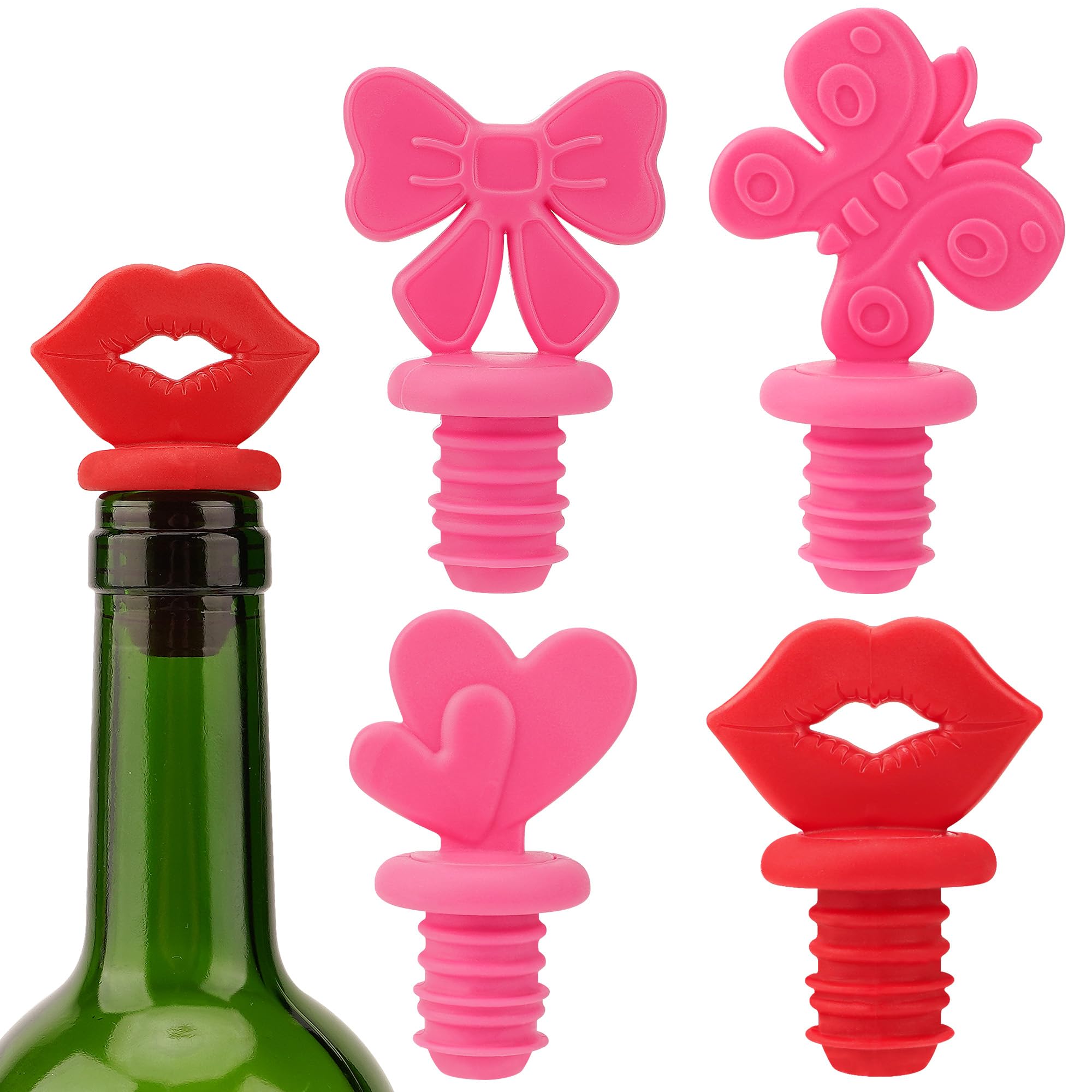 4-Pack Creative Shape Wine Bottle Stoppers, Fits 0.73 inches Bottle Neck Reusable Silicone - Airtight Seal for Wine, Beer, Soda Bottles (Bow/Butterfly/Heart/Lips)