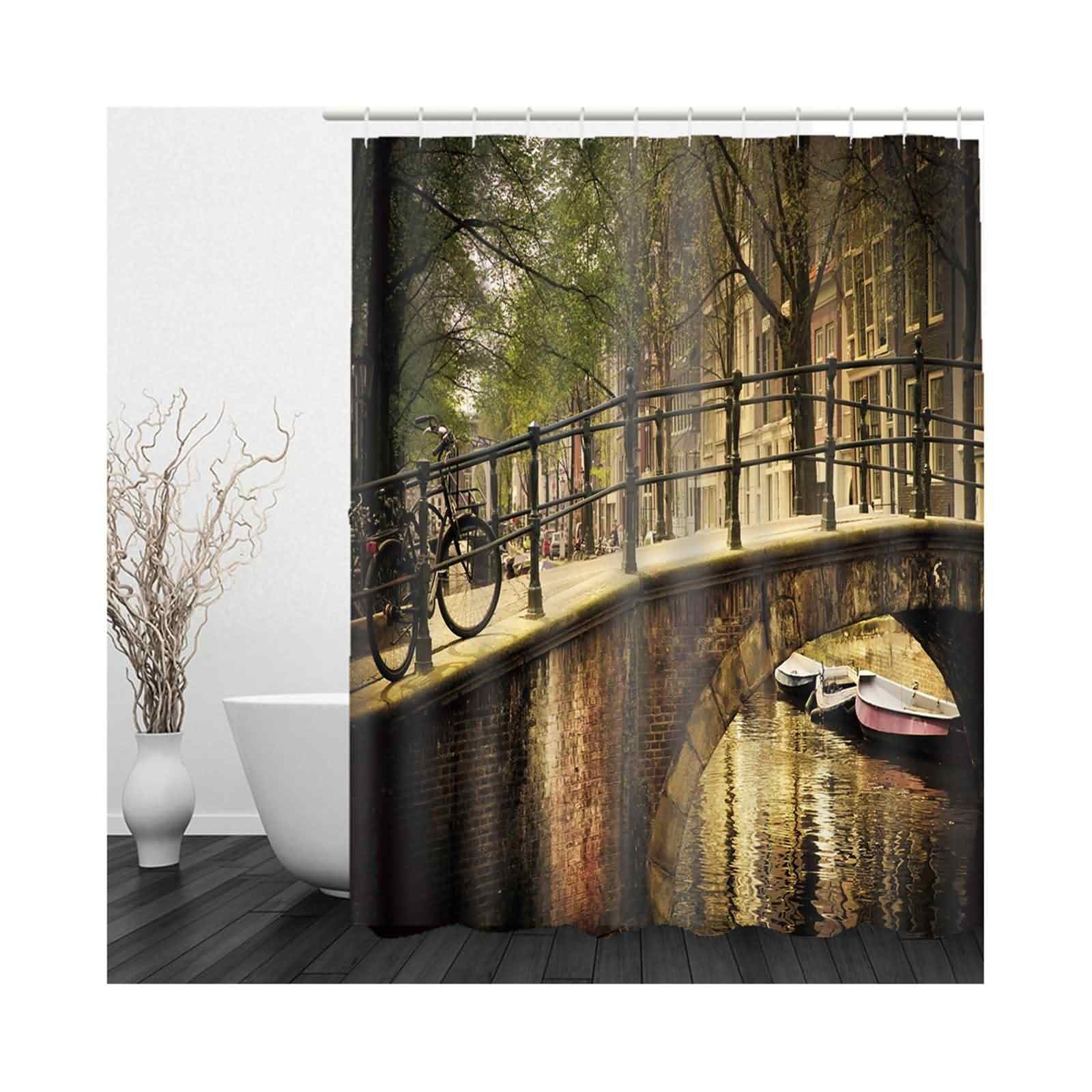 Tenda Doccia Spessa Tende Per Il Bagno Sigola Villaggio Piccolo Ponte Sul Fiume Divertente Ganci Marrone Verde 220x180cm