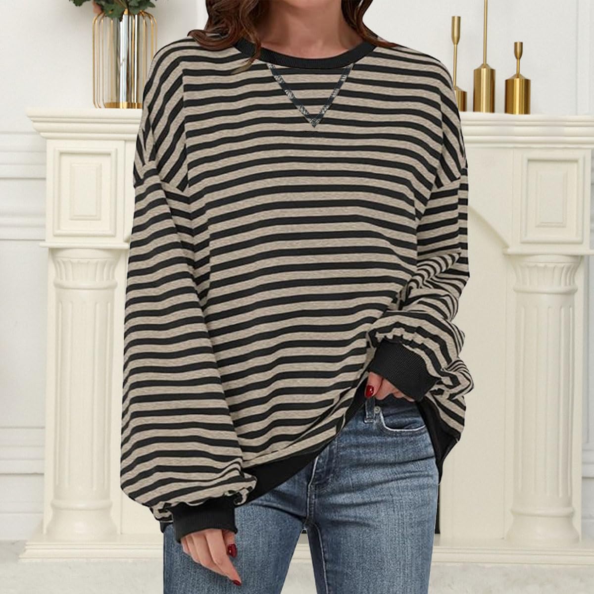 Sudadera a rayas de gran tamaño para mujer, manga larga, cuello redondo, moda de otoño 2026, ropa Y2K — view 3