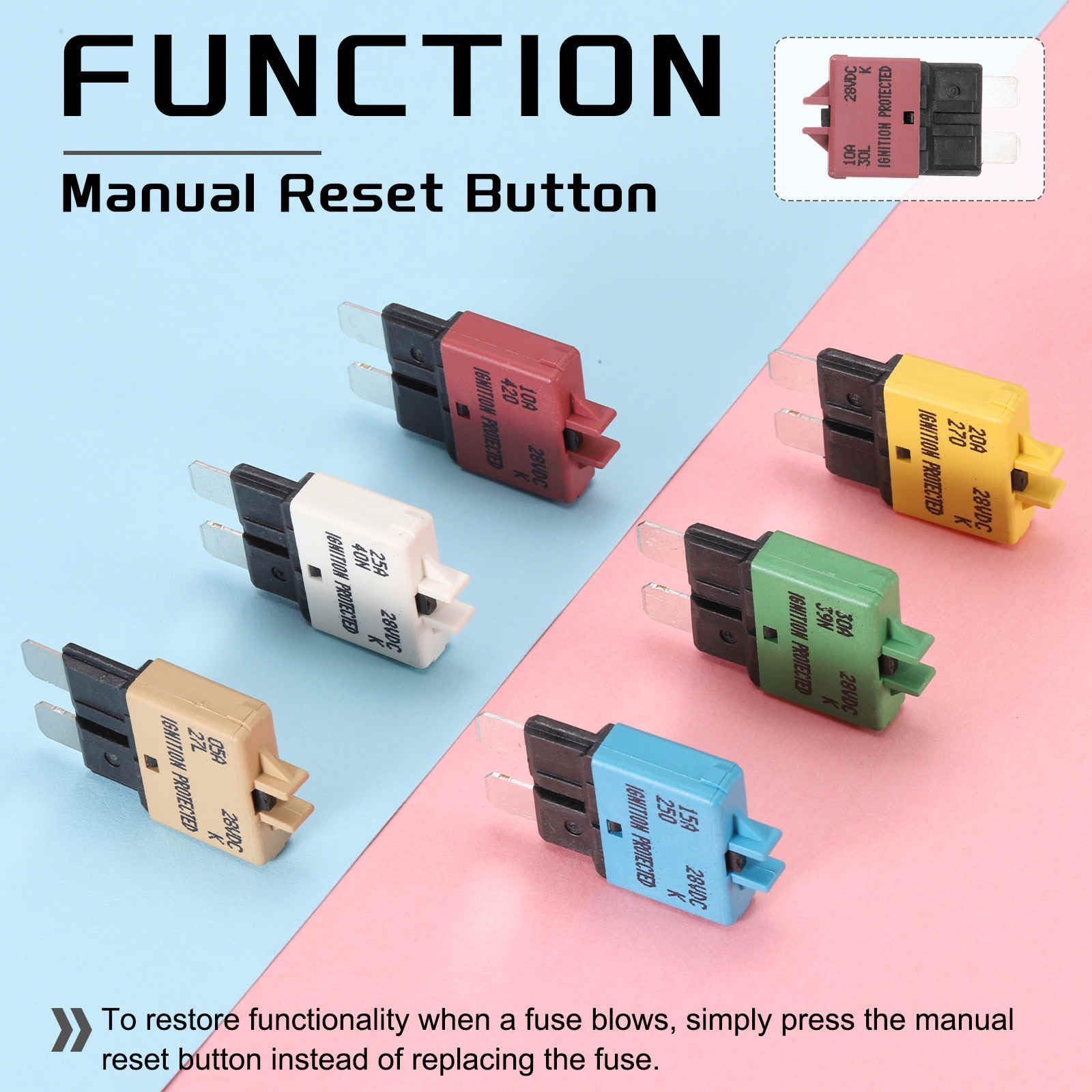 DMiotech Kit de 6 fusibles mini rearmables manuales multicolor ATC/ATO de 28 V CC y 5 A, 10 A, 15 A, 20 A, 25 A y 30 A para disyuntores de automóviles, camiones, SUV, embarcaciones ys.