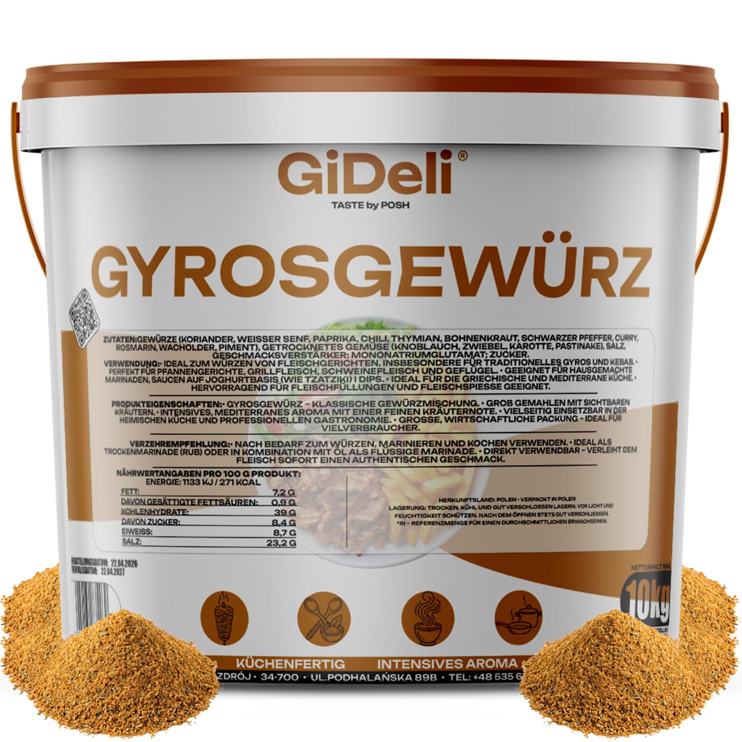 GiDeli Gyrosgewürz 10kg im Eimer - Authentische Griechische Rezeptur mit Gewürzen & Kräutern - Mediterrane Gewürzmischung & Fleischgewürz - Grob Gemahlen & Küchenfertig - Ideal für Kebab & Marinaden
