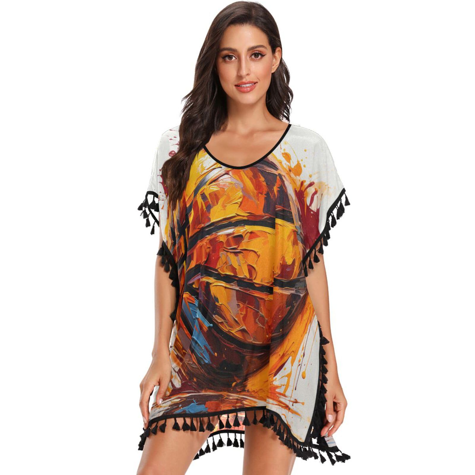 Basketball Fire Abstract Art Women's Beach Cover Up Chiffon Tassel Swimwear Swimsuit Coverups for Girl