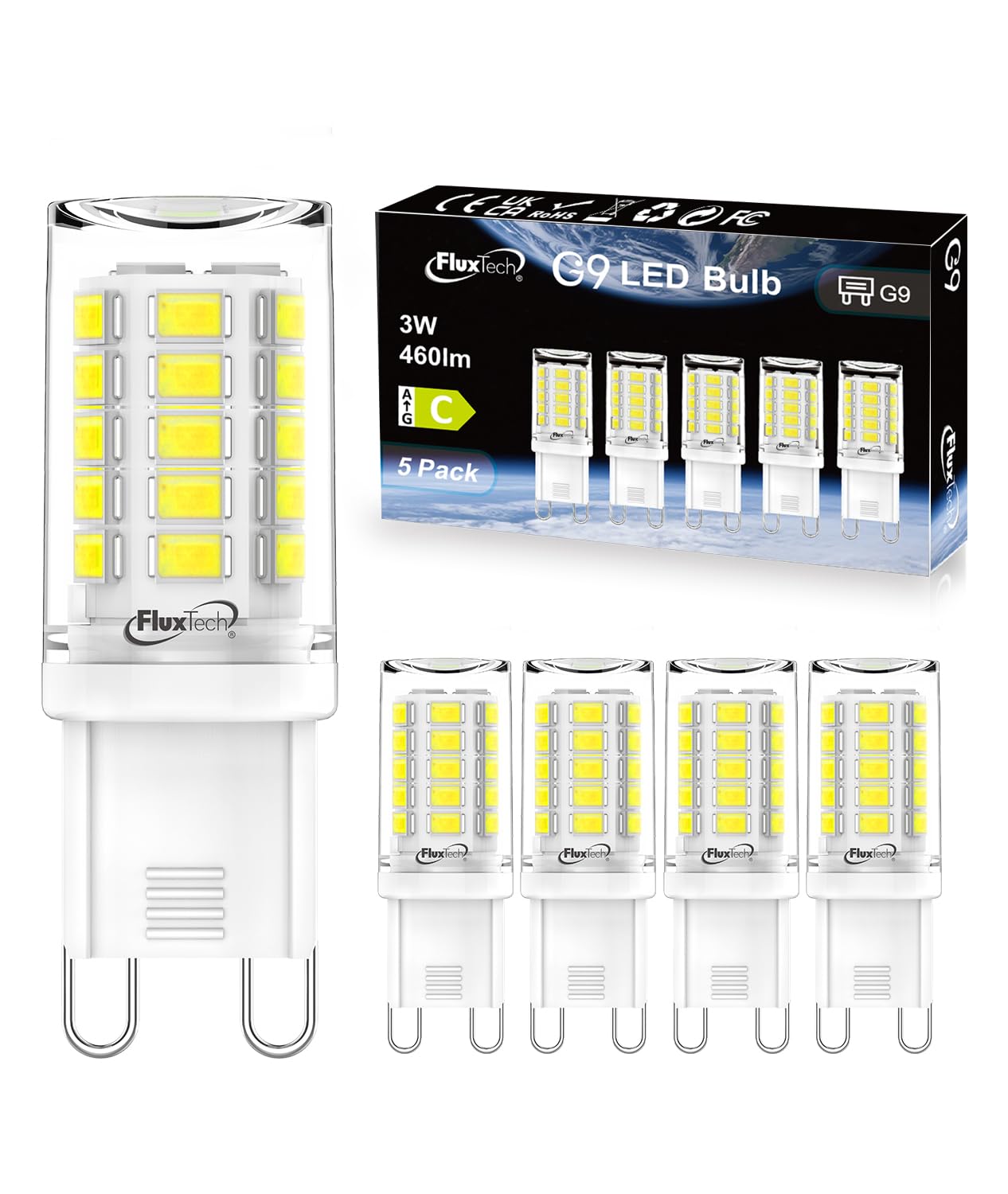 FluxTech G9 LED Bulbs Cool White 6000K, Energy Class C, 3W (40W/50W Halogen Equivalent), 460 Lumen, Non-Dimmable, 5 Pack