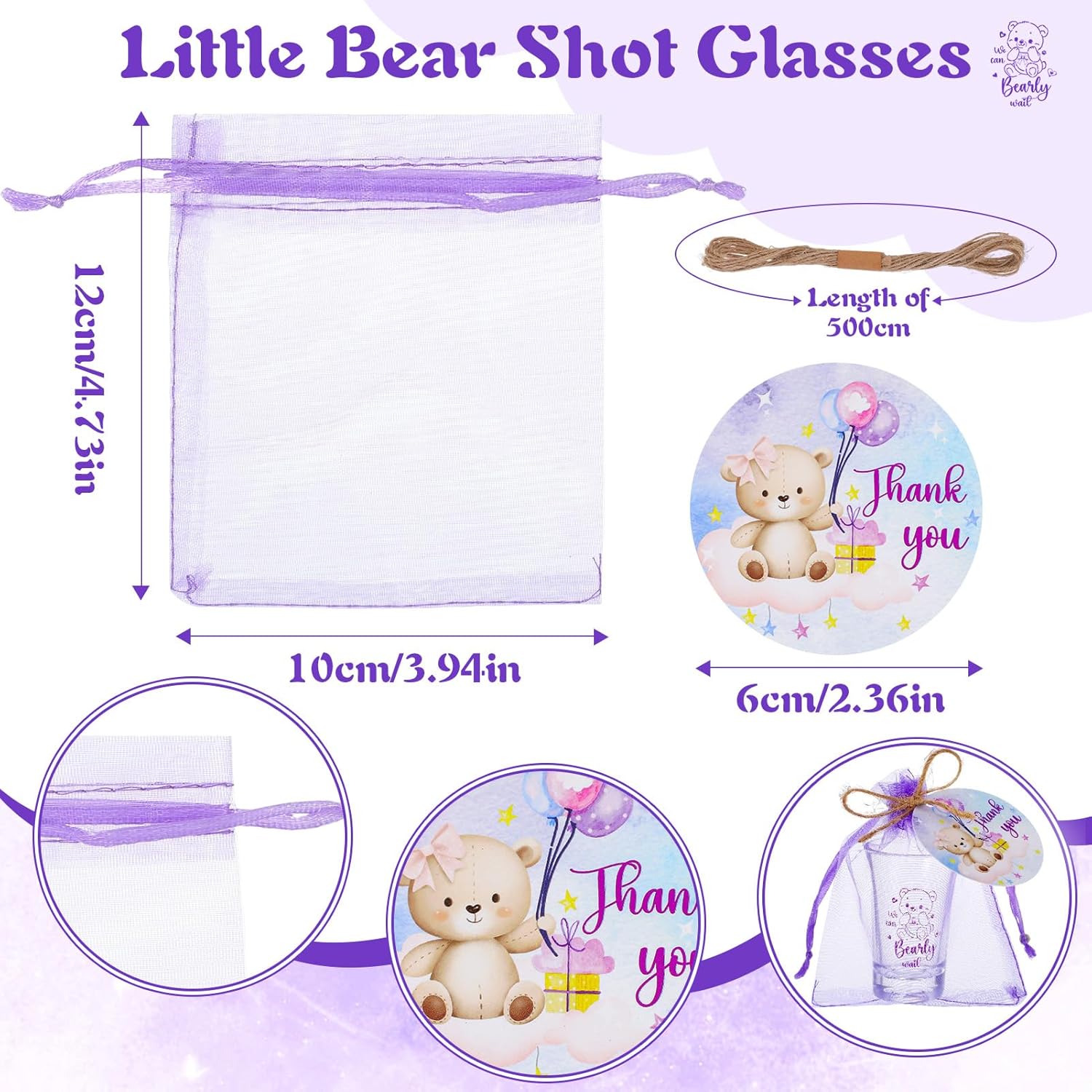 50 Sets Purple Baby Shower Favors for Guest, Boy Girl Theme Party Gift Includes Acrylic Clear Shot Glasses Thank You Cards Twine Organza Bags for Birthday Party Decorations