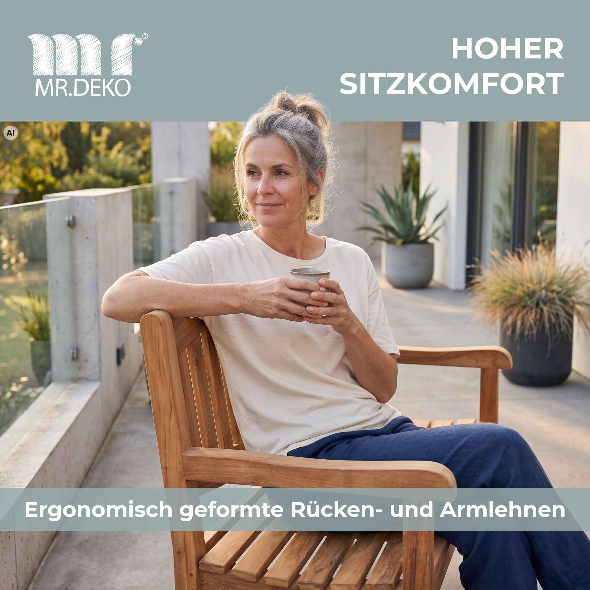 MR. DEKO Gartenbank wetterfest Bradford Sitzbank Teak Holz 120x57x94cm | Balko Bank Garten Parkbank