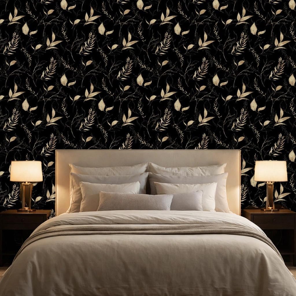 Dark Black and Gold Leaf Peel and Stick Wallpaper Removable Waterproof Wallpaper for Bedroom and Accent Walls Renter Friendly 17.7" x 354"