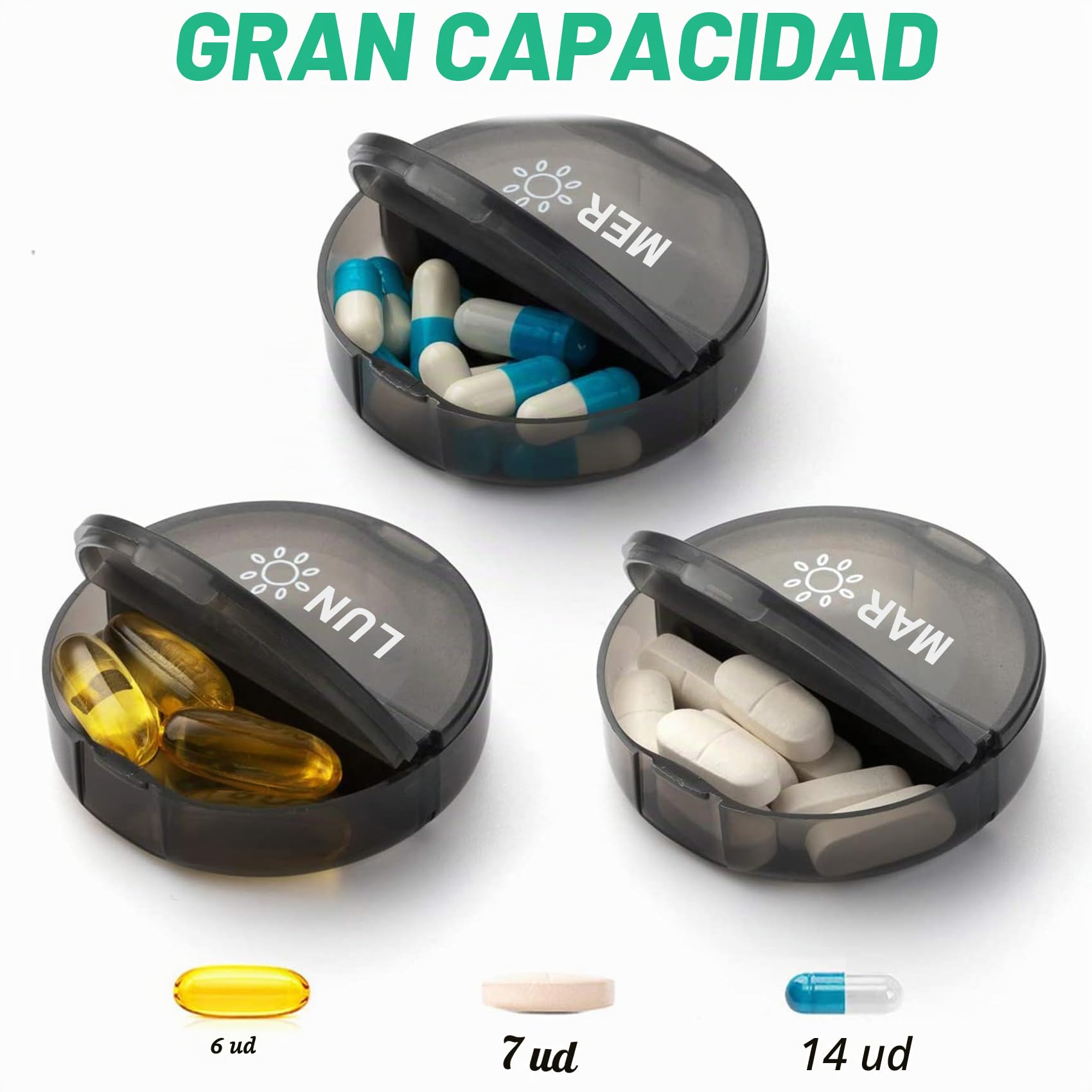 Pastillero Semanal 2 Tomas, pastillero diario 7 Dias XL grande pastillero con 14 Compartimentos pastillero viaje Español con organizador para vitaminas, aceites de pescado (Negro)