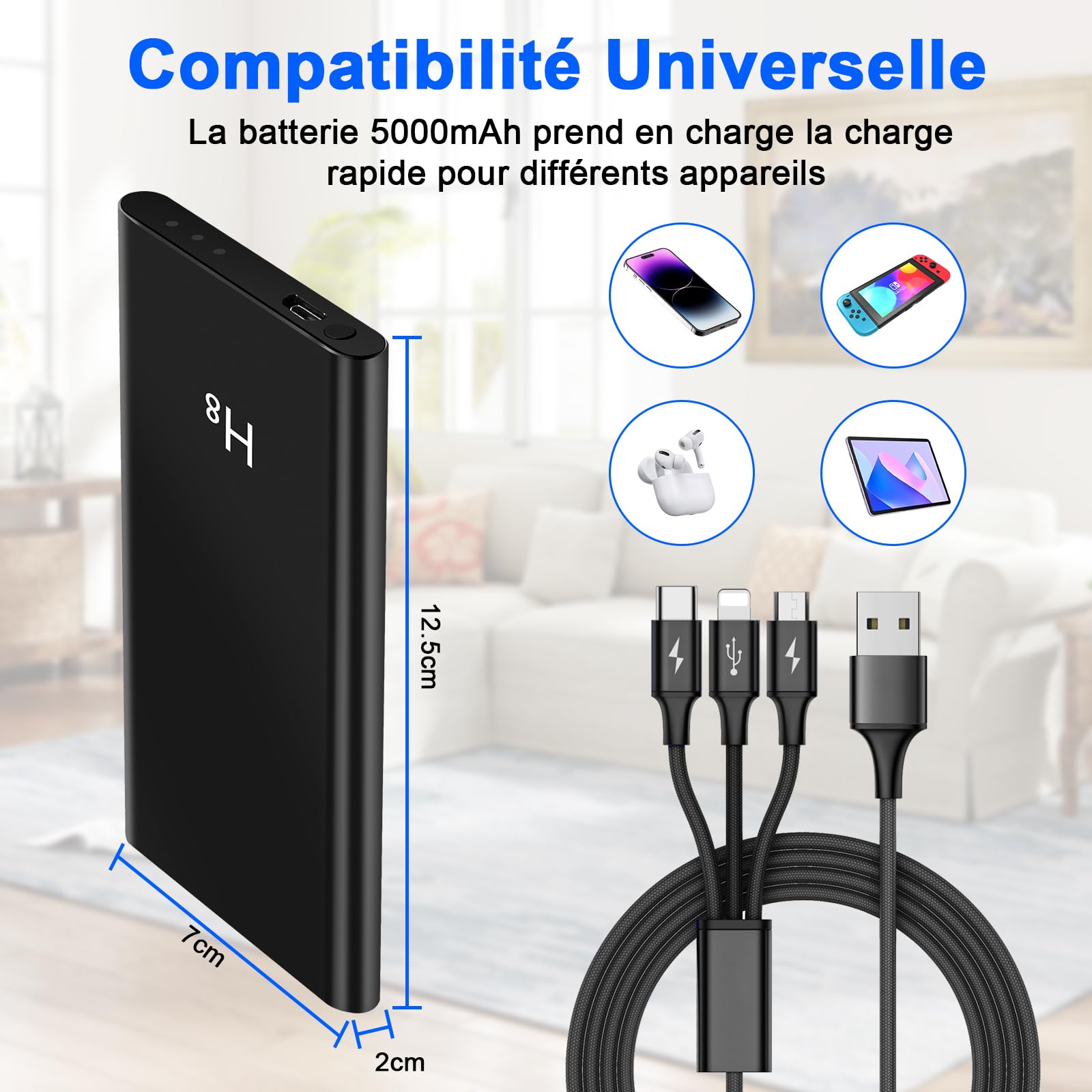Telecamera Nascosta Spia, 5000mAh Power Bank Micro Camera Spia Nascosta, HD 1080P Mini Spy Cam con Visione Notturna e Sensore di Gravità per Interno/Esterno con Cavo USB 3 in 1