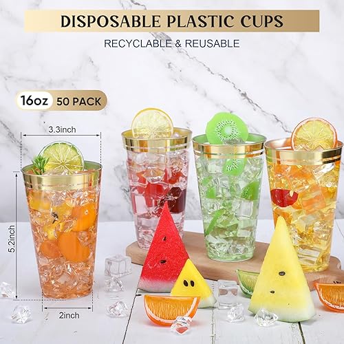 Miniatura 2 de 50 vasos de plástico duro con borde de doble color, vasos de plástico transparente resistentes y desechables con borde para vacaciones, bodas,