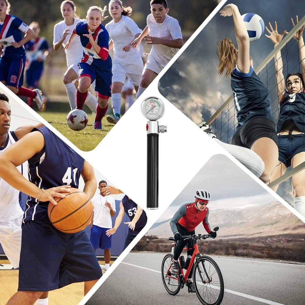 Mini Ballpumpe mit Manometer, Tragbare Sportball-Luftpumpe aus Aluminiumlegierung mit Aufblasnadeln für Basketball, Fußball, Fußball, Rugby, Volleyball und andere aufblasbare Bälle
