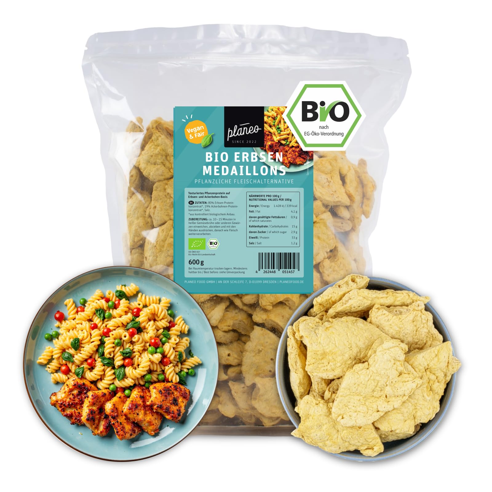 Planeo Bio Erbsen Medaillons 600g - Vegane Fleischalternative aus Erbsen und Ackerbohnen, Hoher Proteingehalt