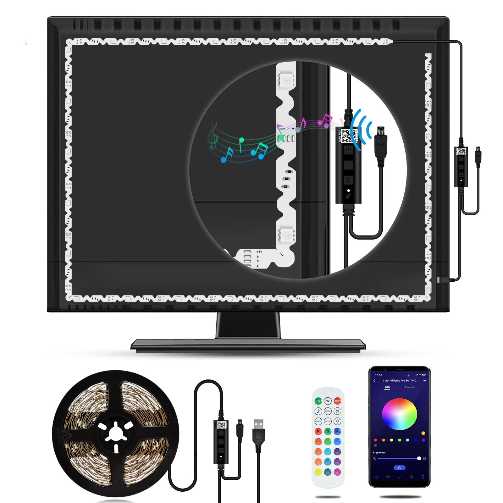 Striscia LED RGB, 5 m, striscia LED Bluetooth, retroilluminazione per TV da 60 a 80 pollici, USB TV, controllo app, sincronizzazione musicale, decorazione per TV, schermo PC