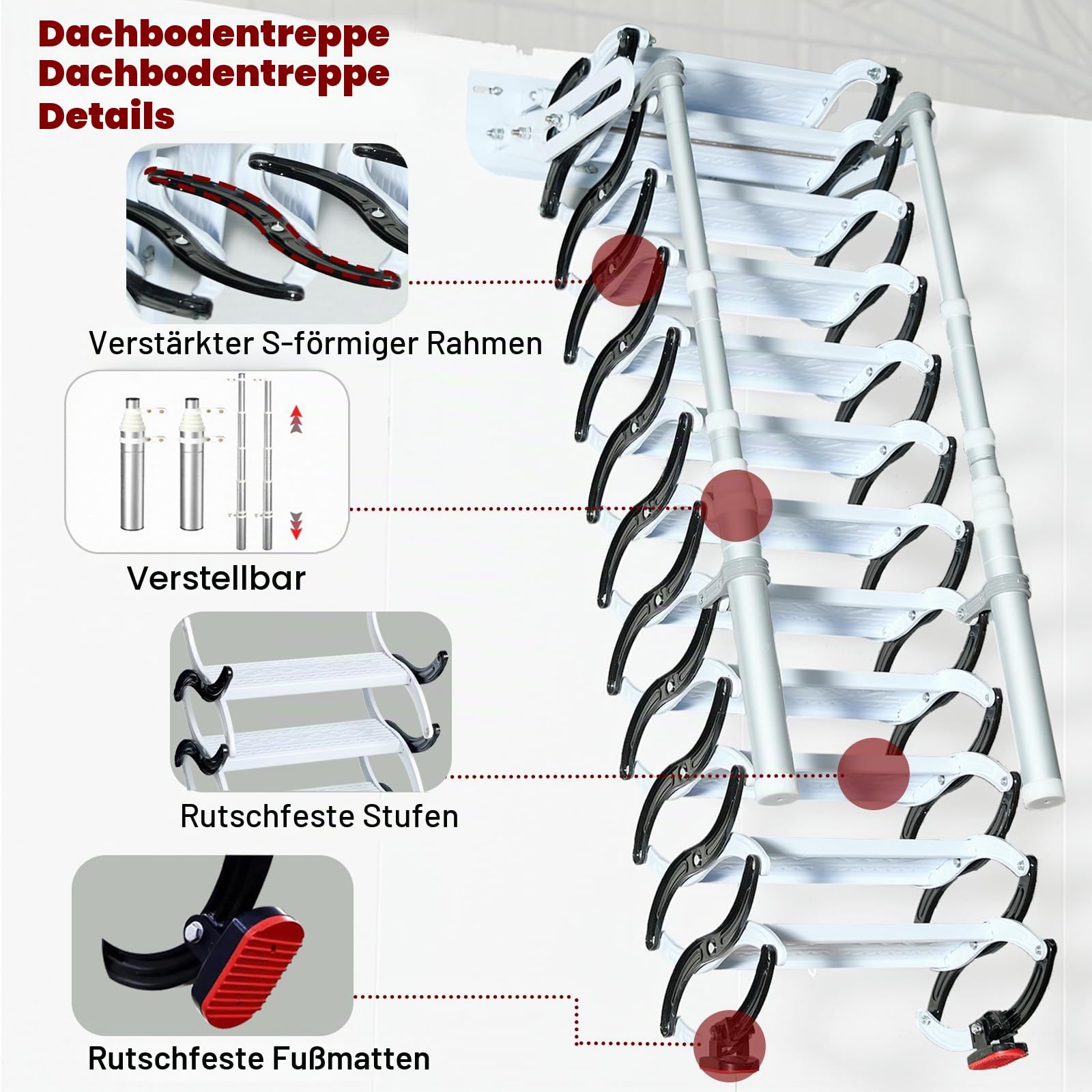12 Stufen Wandmontierte Dachbodenleiter, Einziehbare mit 2 Handlauf Ausziehbare Klappleiter, Robustem Faltsystem, für Wohnzimmer, Büro, Schlafzimmer, Garage & Balkon (2.9-3.0m/9.5-10ft)