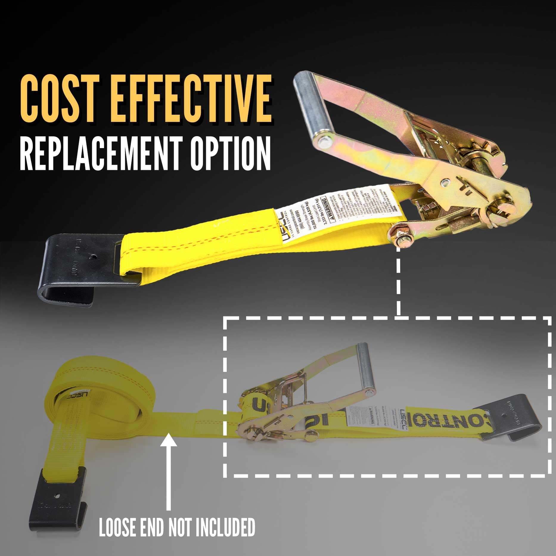 US Cargo Control, Fixed End Tie Down Strap with Flat Hook and Ratchet, 2 Inch Wide X 11 Inch Long, Yellow Ratchet Straps, Dependable Utility Strap, 3,333 Pound Working Load Limit, 2 Pack