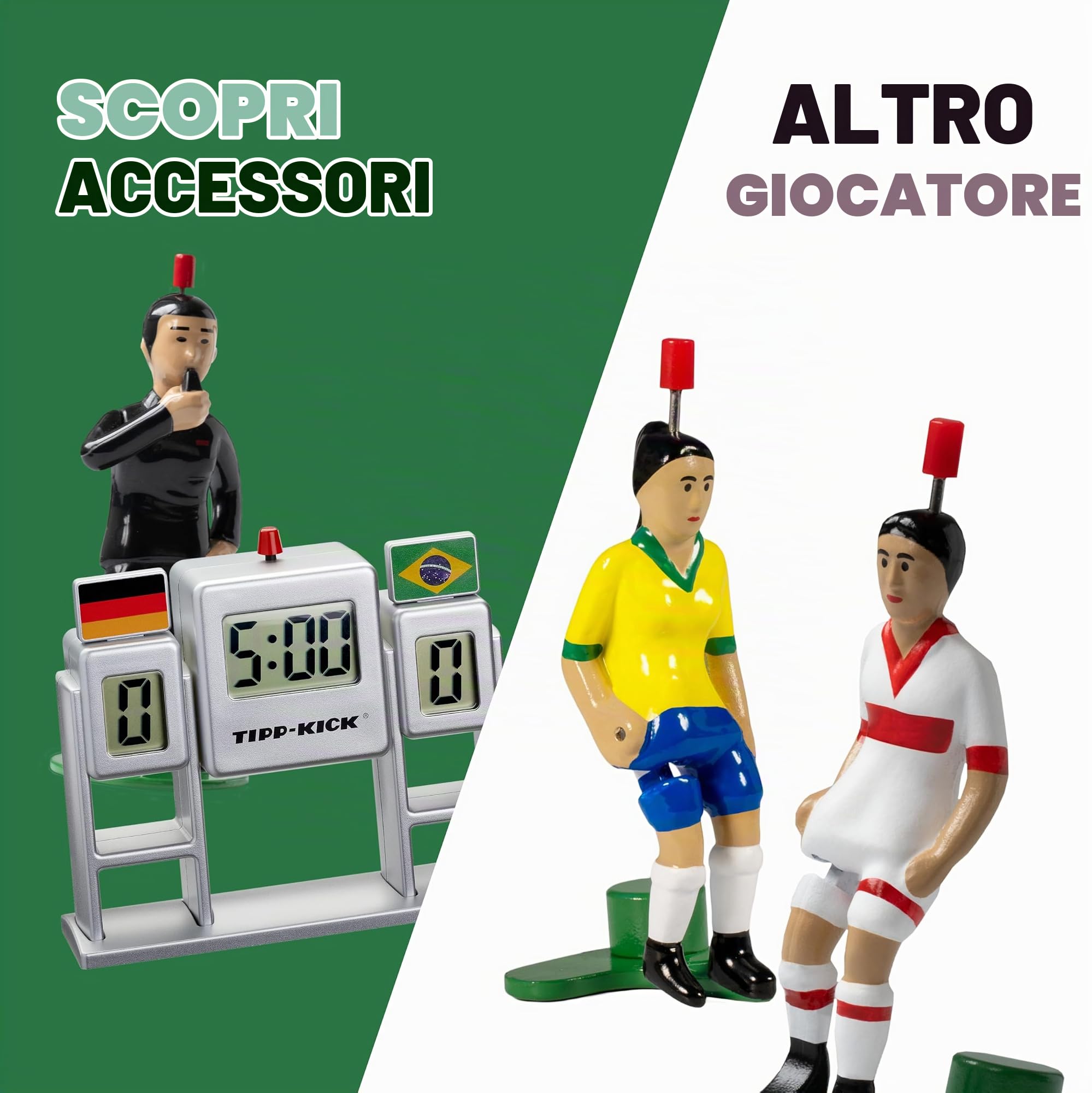 TIPP-KICK Gioco Junior Cup con Kicker extra – Set da calcio balilla pronto per il gioco con 1 kicker, 2 x attaccanti e portieri dipinti a mano Toni, campo da gioco in feltro