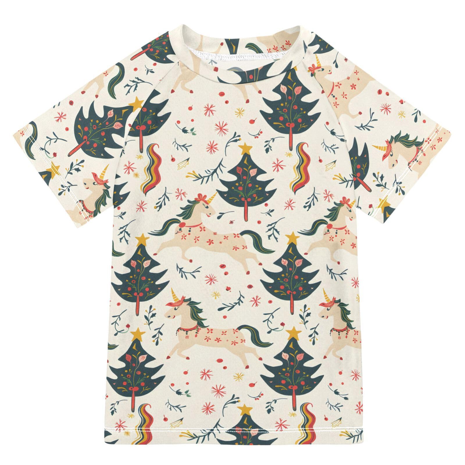 ALAZA Boys Swim Shirts Toddler Rash Guard Short Sleeve Rashguard Christmas Tree Horse UPF 50+ 11-12T