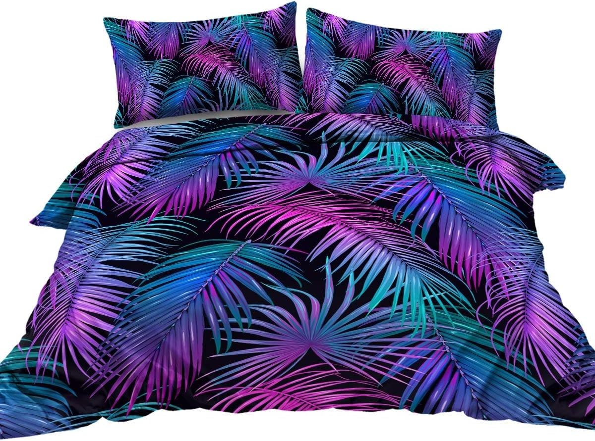TMMDH Bedding King Size Duvet Cover Sets - Soft Microfibre Polyester Duvet Cover - Easy Care Quilt Cover Bedding Set with 2 Pillow cases - Blue Purple Tropical Palm Leaves, King (220 cm x 230 cm)