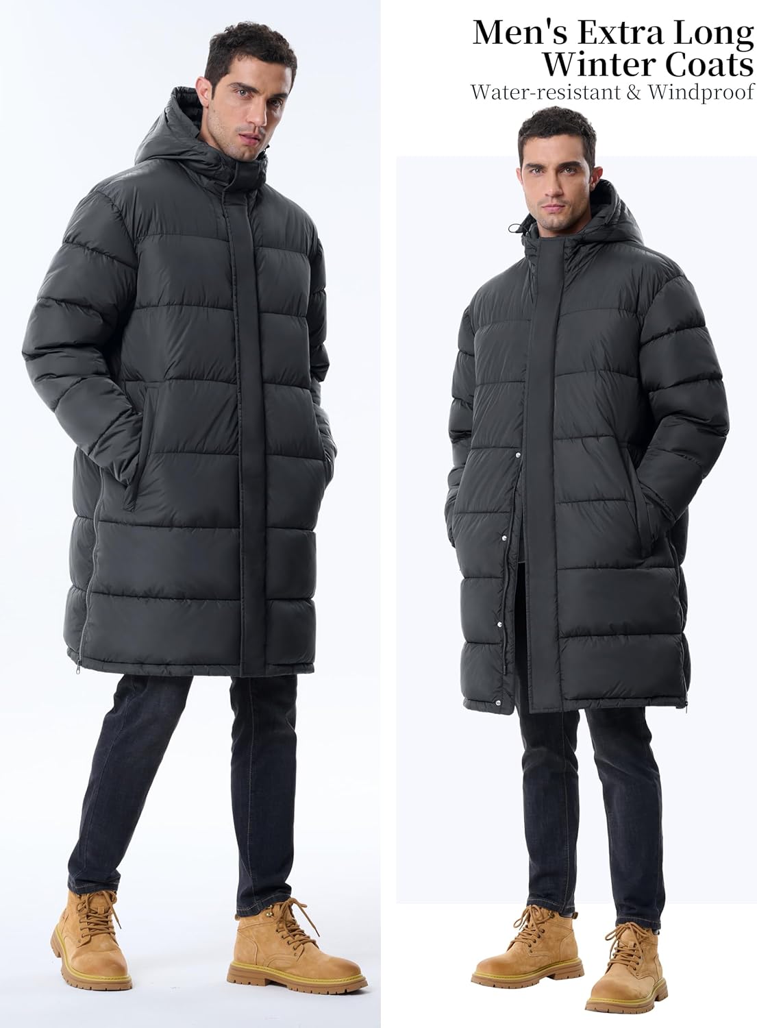 Mens Long Winter Coats Lightweight Puffer Jacket Warm Insulated Waterproof Winter Jacket With Hooded - Image 5