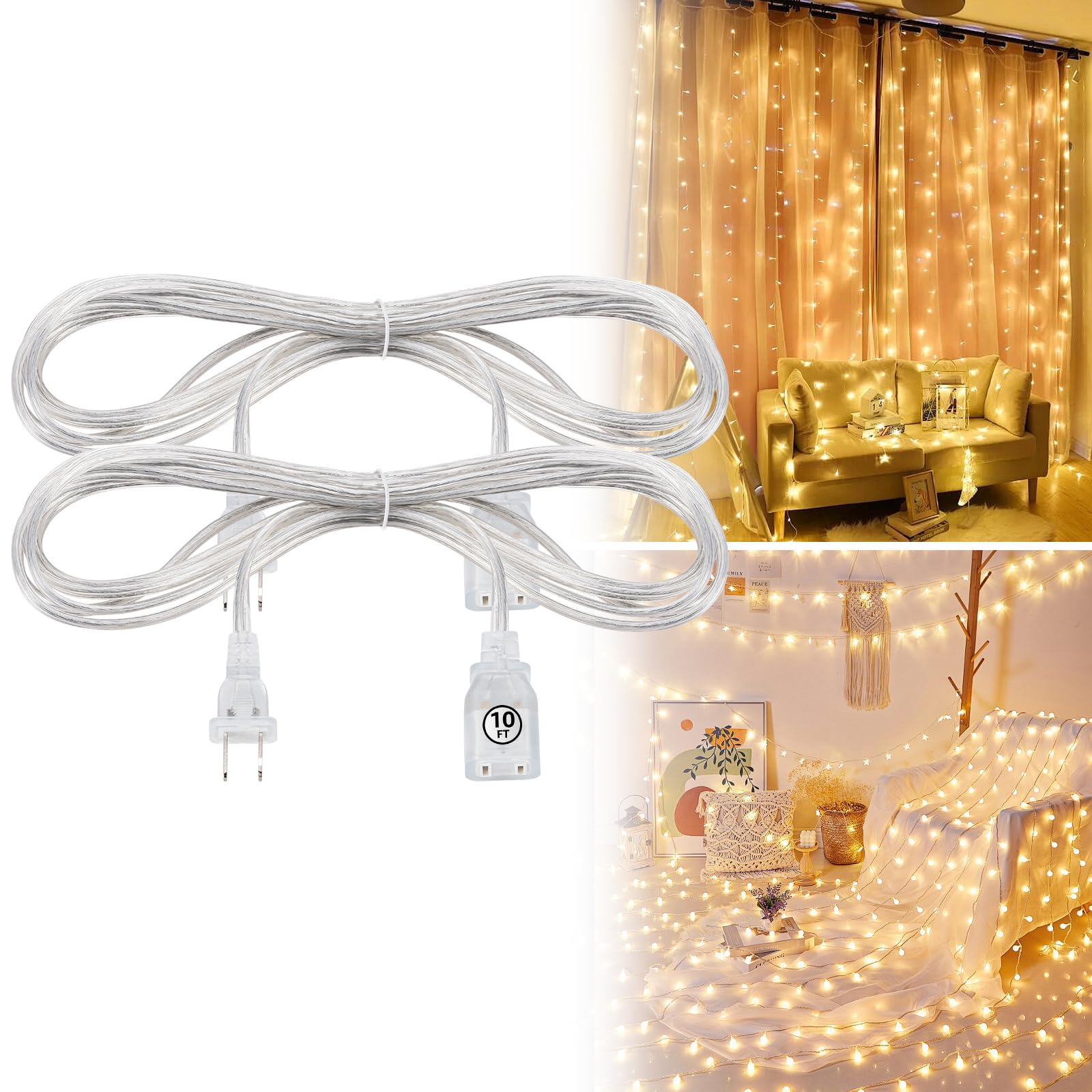 GoYeel - 2 piece clear extension cable, 10ft white slim extension cable and 2 male and female tips, 250V 10A lightweight power extension cable with 8 cable clips-image-42