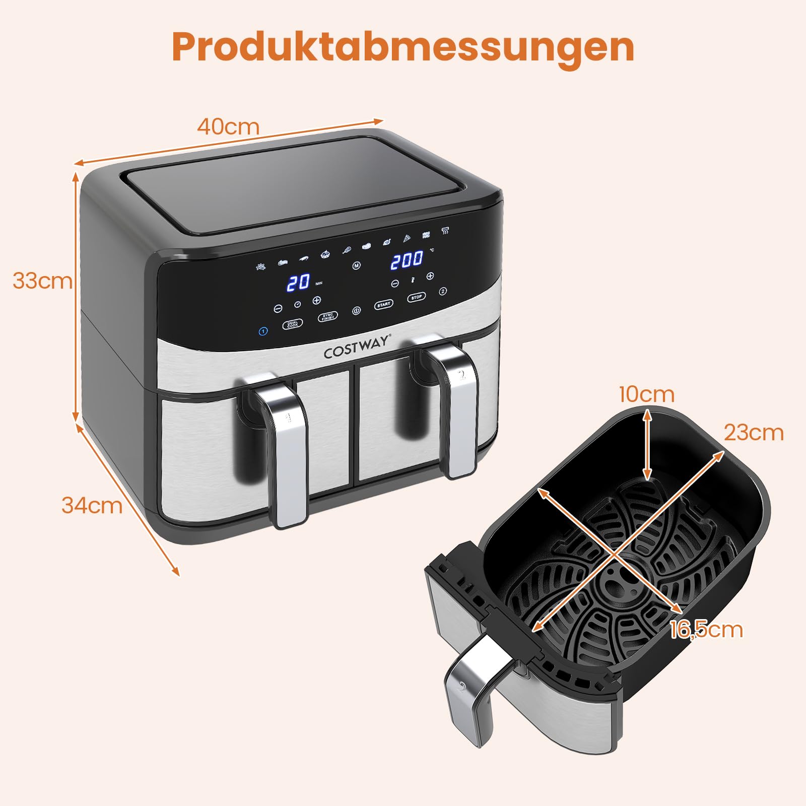 COSTWAY Frytkownica na gorące powietrze, 2 komory, 8,5 l z okienkiem, wykończenie Sync Cook & Match Finish, cyfrowy ekran dotykowy i gorące powietrze 360°, 2100 W, nadaje się do mycia w zmywarce