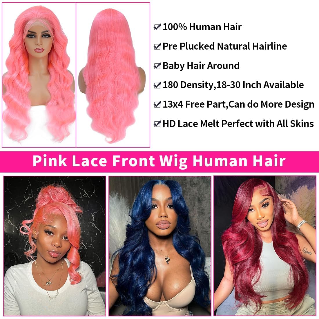 BUGUQI Pink Lace Front Wigs Human Hair Pink Wigs Human Hair Body Curly Human Hair Wig For Women Body Wave Lace Frontal Wigs Human Hair 200% Density HD Transparent Pre Plucked (Pink, 20 Inch)