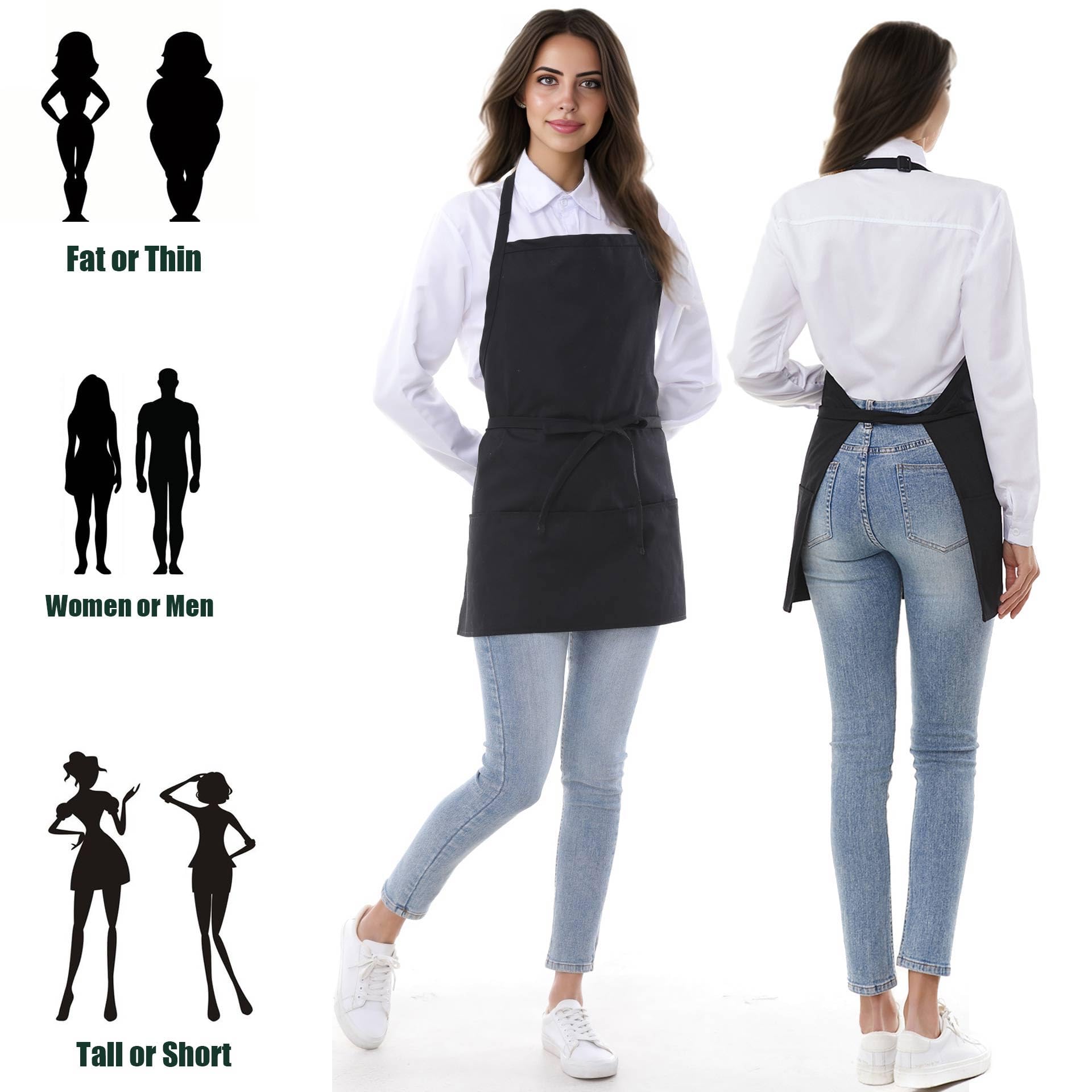 Delantal de chef con 3 bolsillos, ajustable, con cinturón extralargo, delantal corto para cocina, unisex