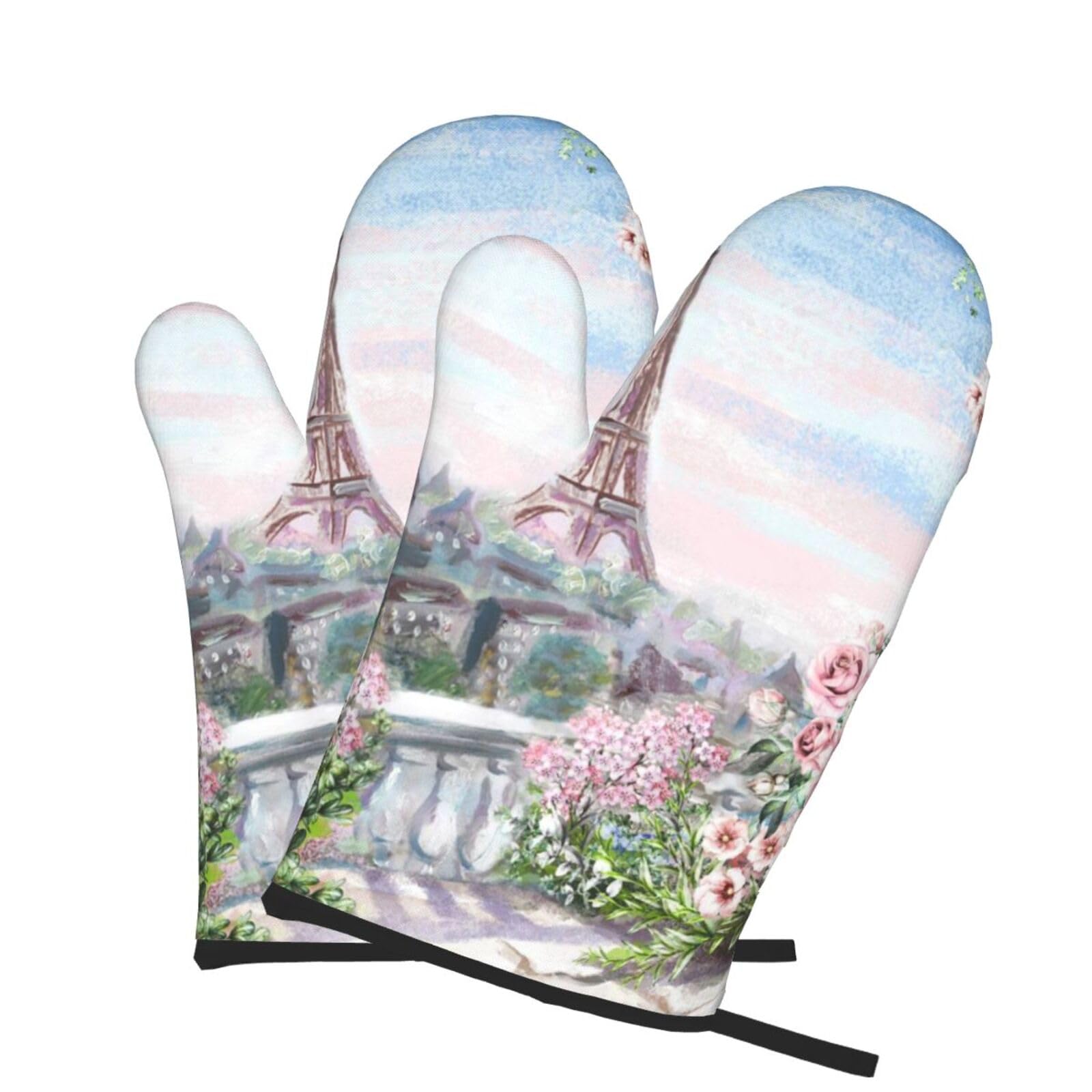 Oven Mitts Set of 2 Pcs, Beautiful Eiffel Tower Paris Prints Heat Resistant Kitchen Gloves for Cooking Baking Grilling