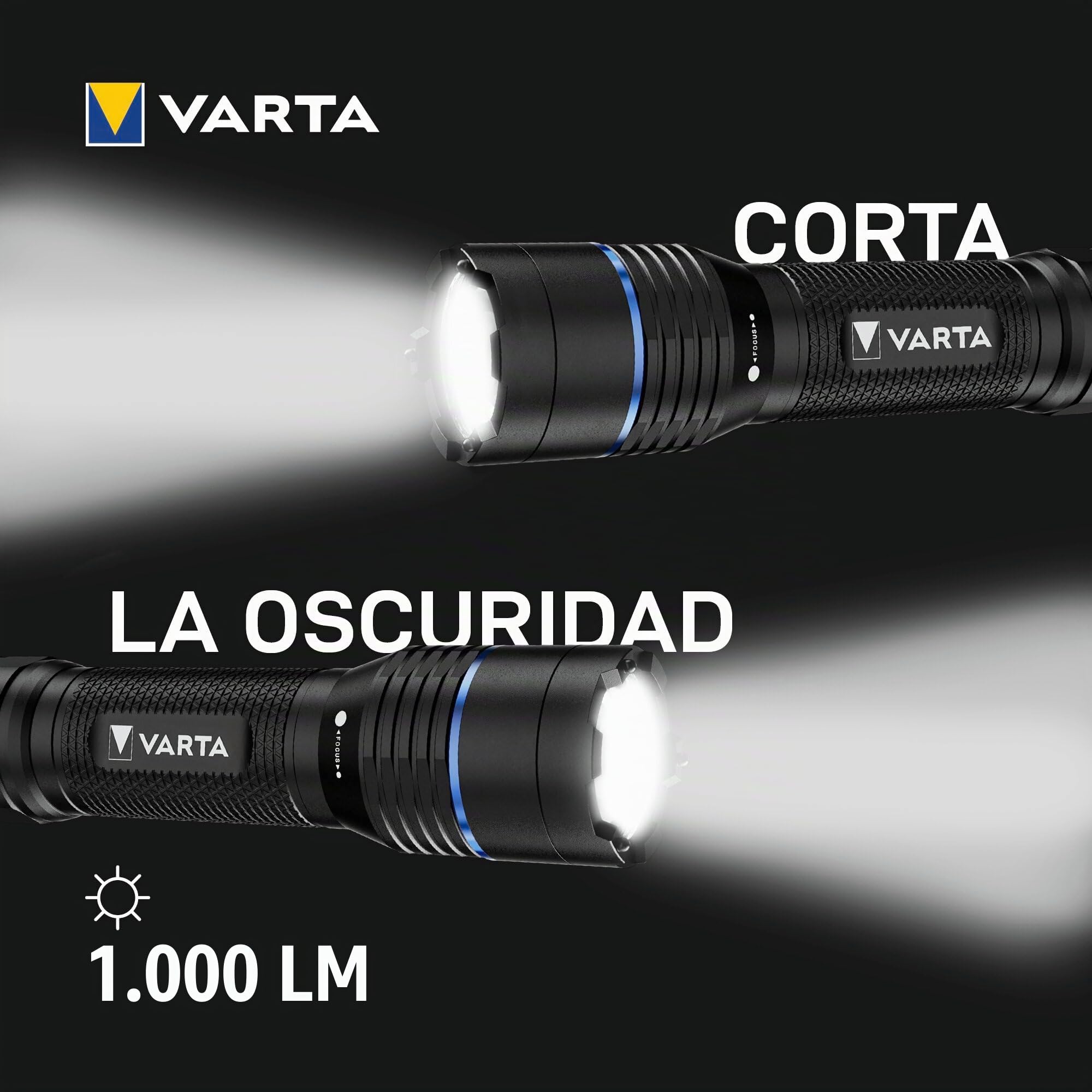 VARTA Linterna Táctica LED recargable, Night Cutter Pro F20R tactical, para exteriores y hogar, 1000 Lúmenes, resistente al agua IP67, aluminio de aviación, enfoque preciso y cordón