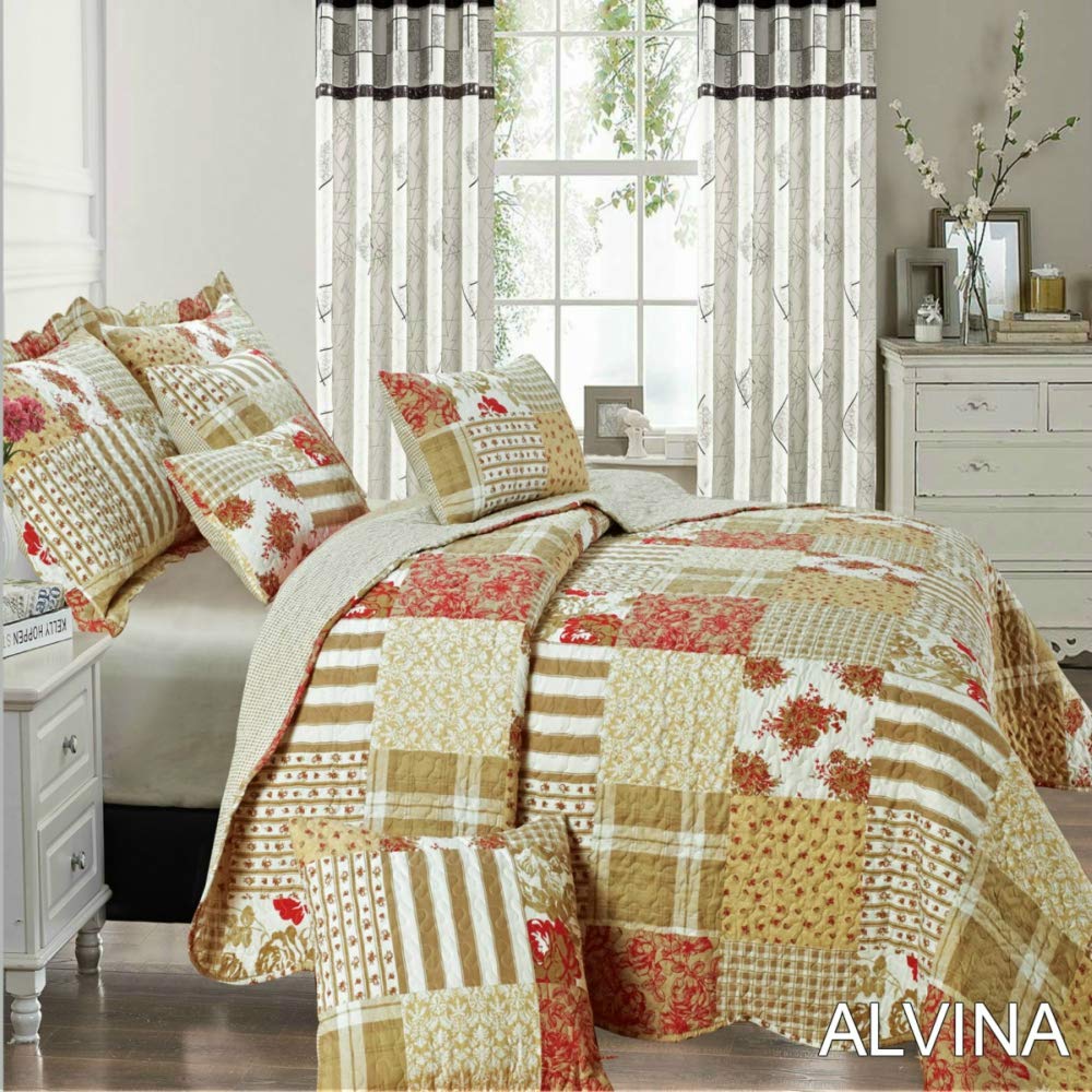 3 Piece Vintage Floral Bedspread/Quilt Throw Quilted Printed Patchwork with Matching Pillow Shams Bed Set (Alvina, King)