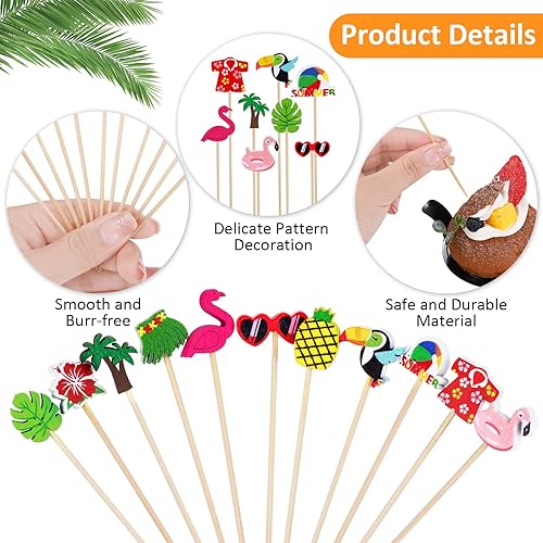 Miniatura 3 de 210 piezas hawaianas Luau surtidas selecciones tropicales de bambú para cóctel tropical de bambú, palma de coco tropical verde, paraguas de papel