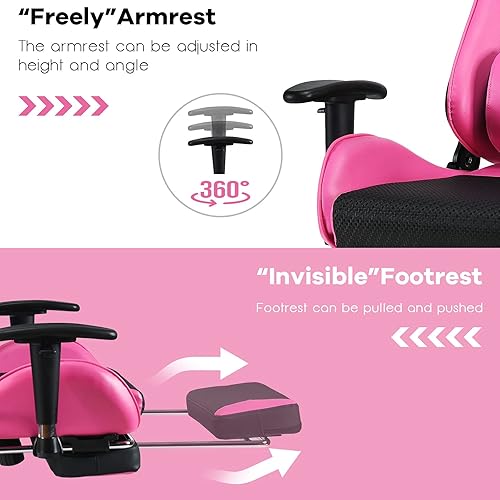 Miniatura 7 de POWERSTONE Silla de juegos - Silla de jugador rosa con reposapiés, silla de computadora de deportes electrónicos de carreras, silla de masaje lumbar