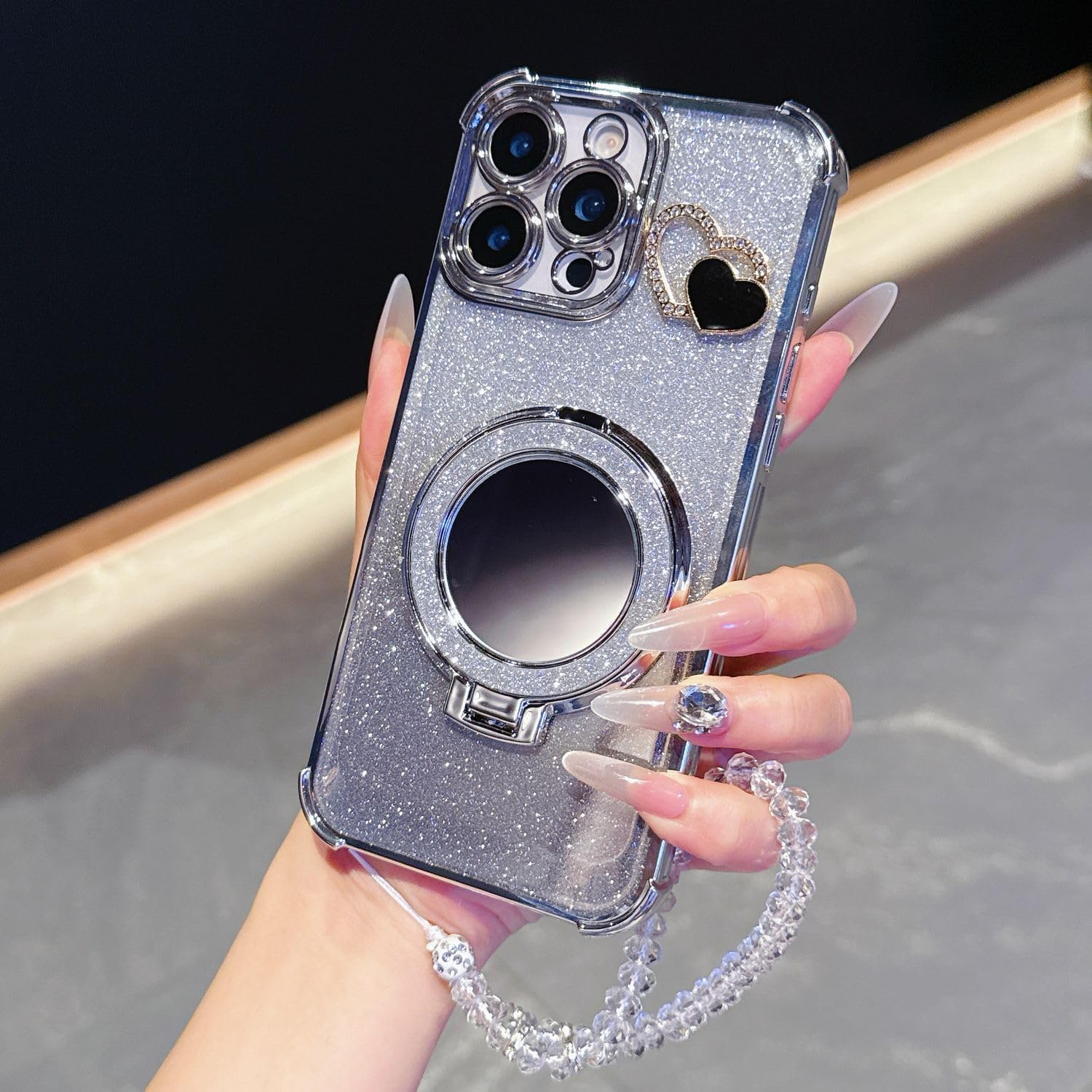 Four Corner Anti Fall Soft Cases for iPhone 12 mini Case Glitter Bling Cover Phone Covers Mirror Bracket with Lanyard (Silver)