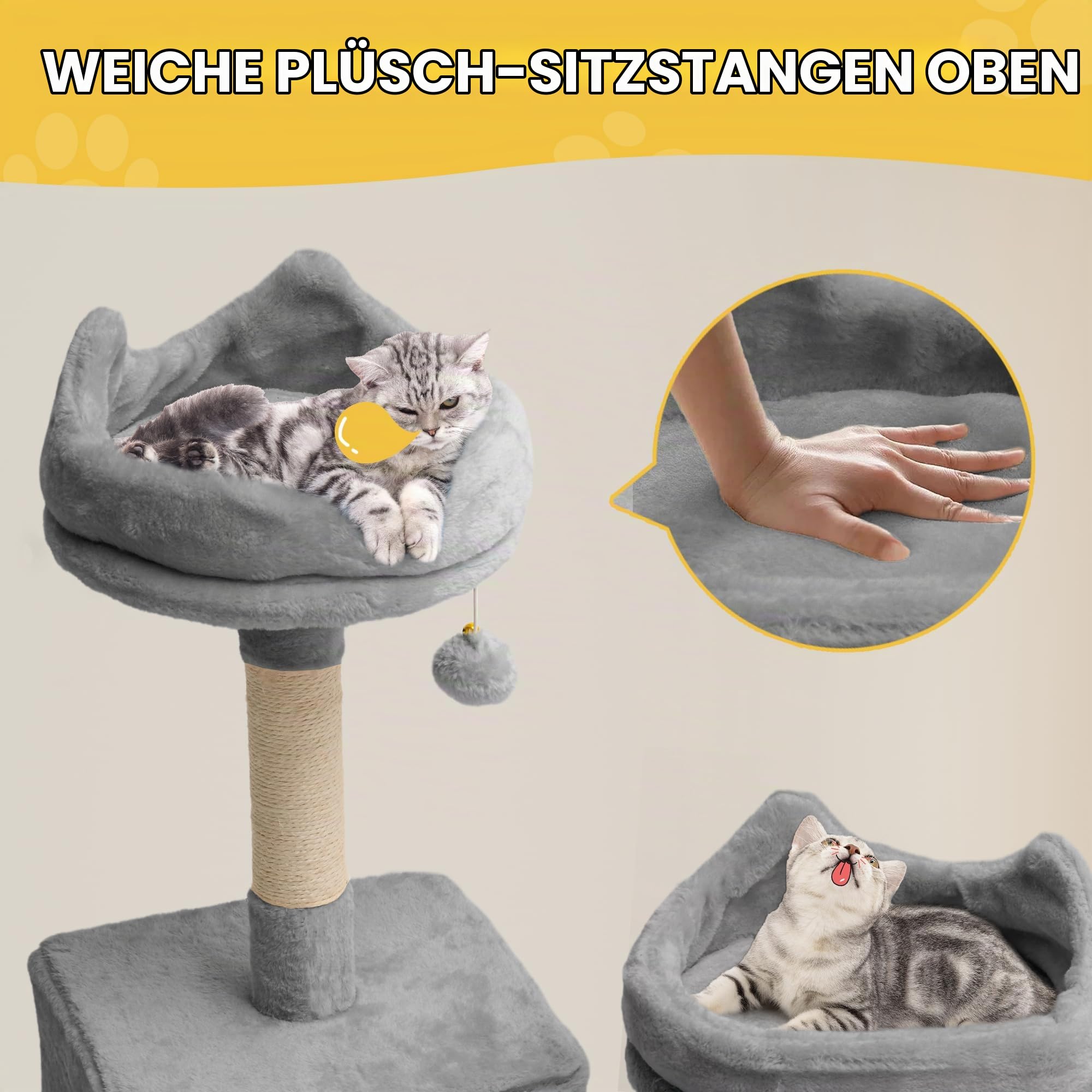YITAHOME Hoher Kratzbaum, 190 cm, mehrstöckiger Katzenturm mit Sisal-Kratzbäumen und Rampe, Plüsch-Sitzstangen, Hängematte, geräumigen Wohnungen, Katzen-Aktivitätszentrum für Kätzchen, Grau