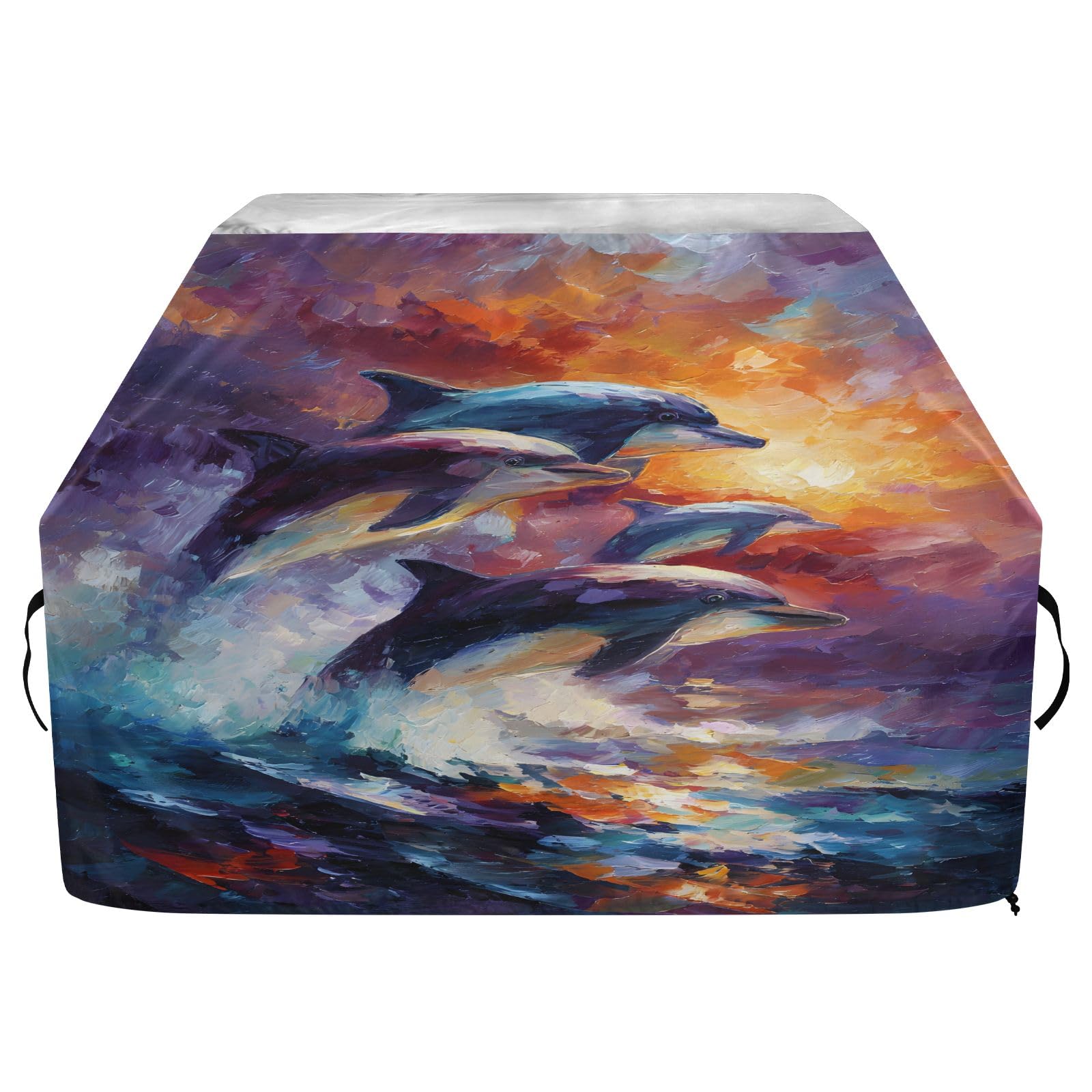 Copertura per barbecue di alta qualità, impermeabile, resistente allo sbiadimento, resistente, adatta per griglie fino a 63 cm, pittura a olio, delfini, tramonto