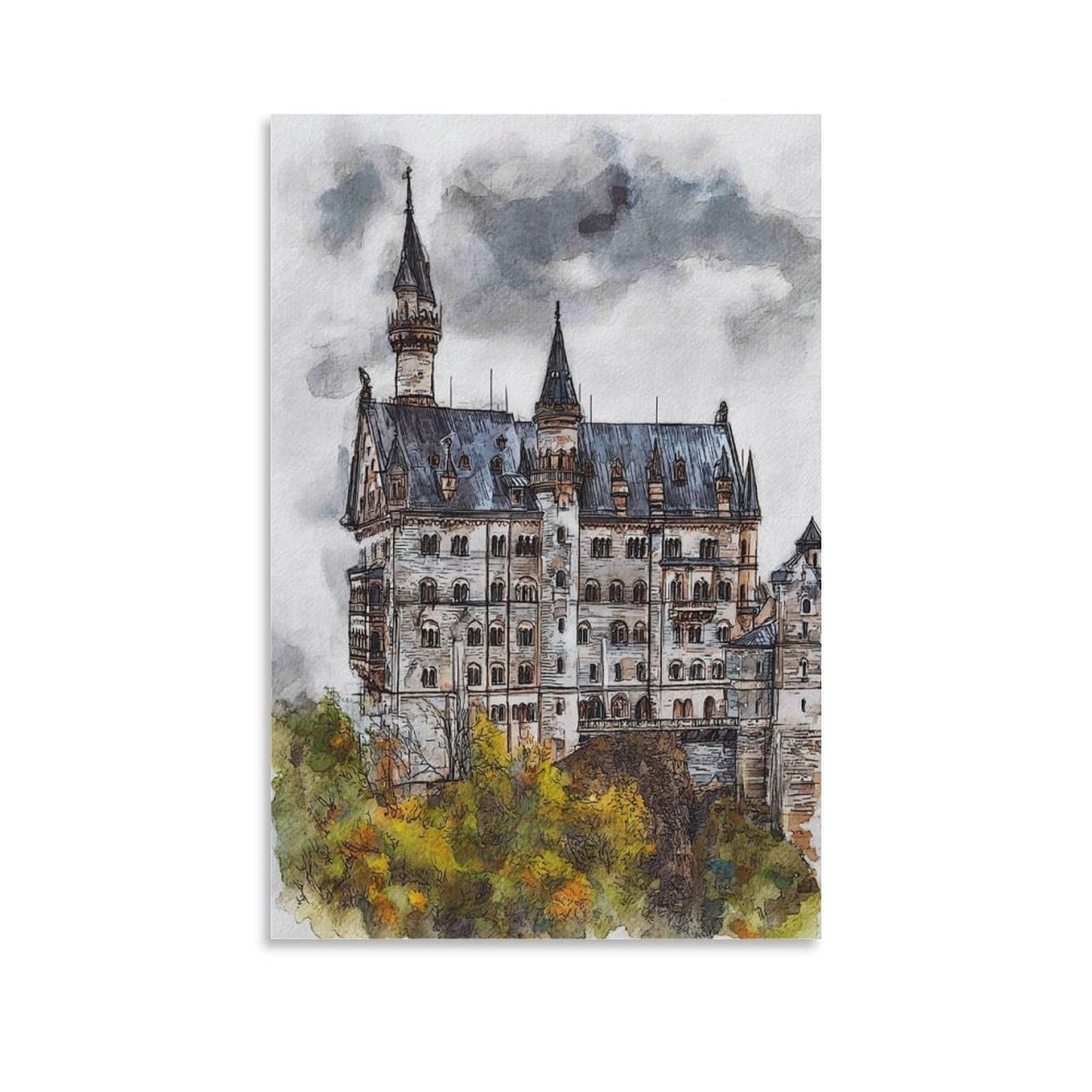 Lcynnh Unframe-Style Schwangau Neuschwanstein 20X30inch(50X75cm) Vintage Travel Poster Watercolor Canvas Art