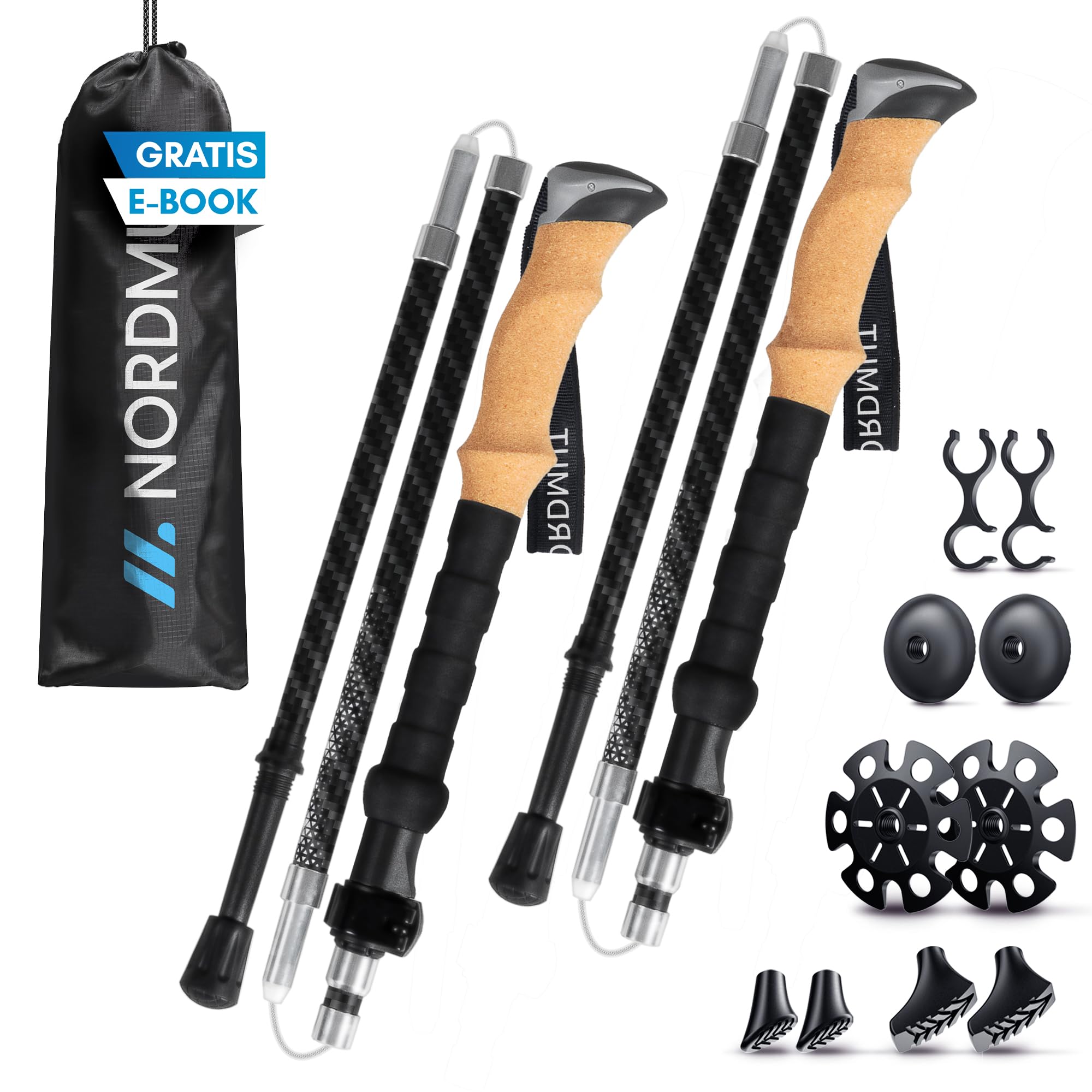 NORDMUT® Bâtons de Randonnée Pliables en Aluminium ou Carbone Ultra-léger – à partir de 1,50 m ou 1,65 m – Bâtons de Trekking Stables avec Poignées Ergonomiques –