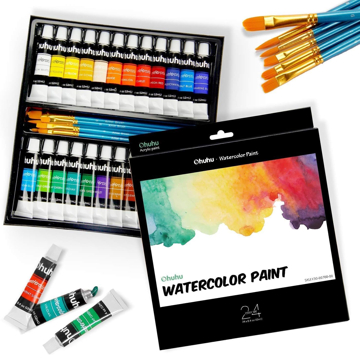 Watercolor Paint Set, 24 Colour X 12ML Water Colour Tube Set Non-taxic with 6 Brushes for Artist Adults Kids, Water Colour Tube Set for Landscape Portrait On Canvas, Multicolor