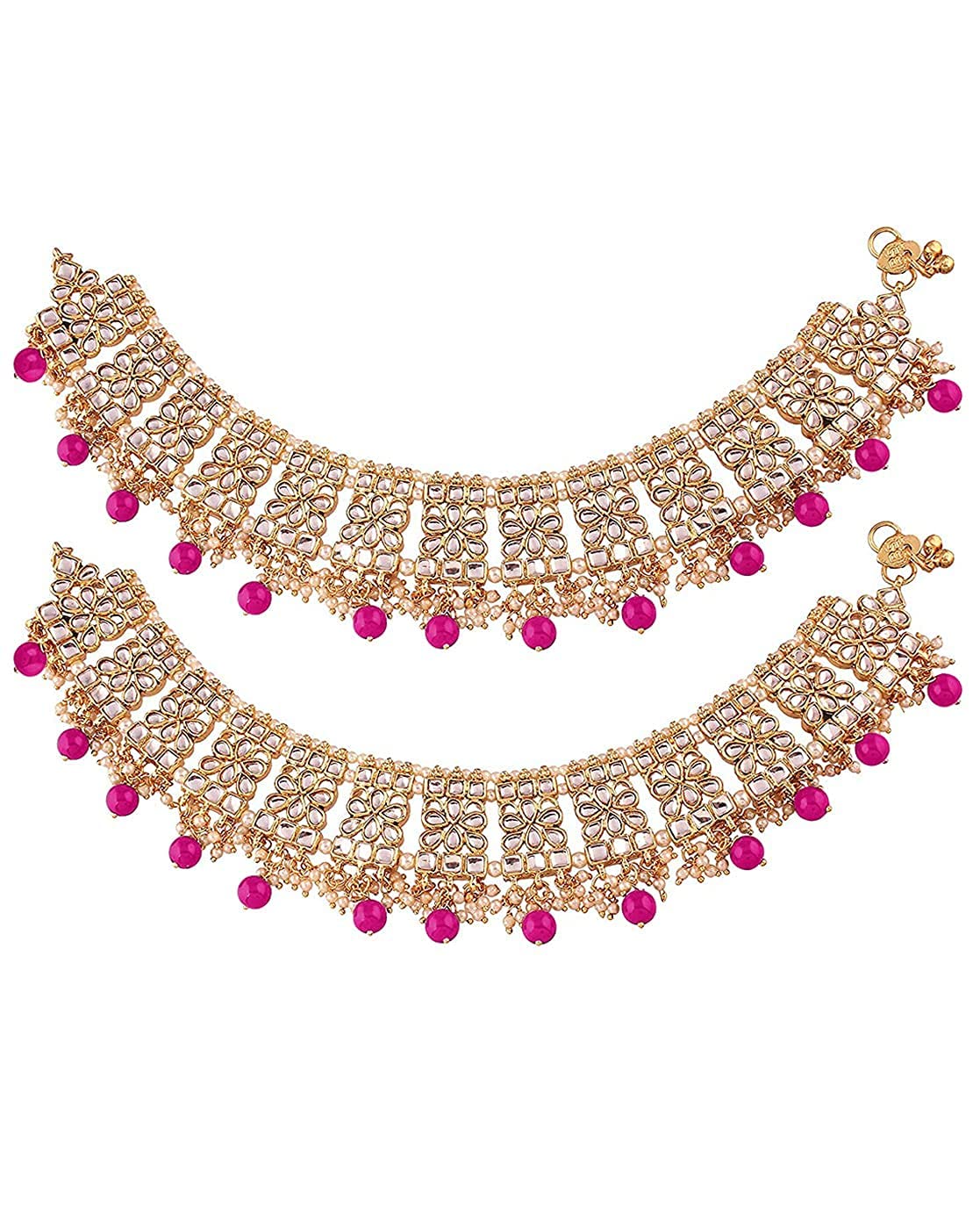 Indian Bollywood Gold Plated Wedding Set of 2 Anklet Payal Faux Kundan Studded Charm Ankle Bracelet Ethnic Fashion Barefoot Jewelry For Women (A022)