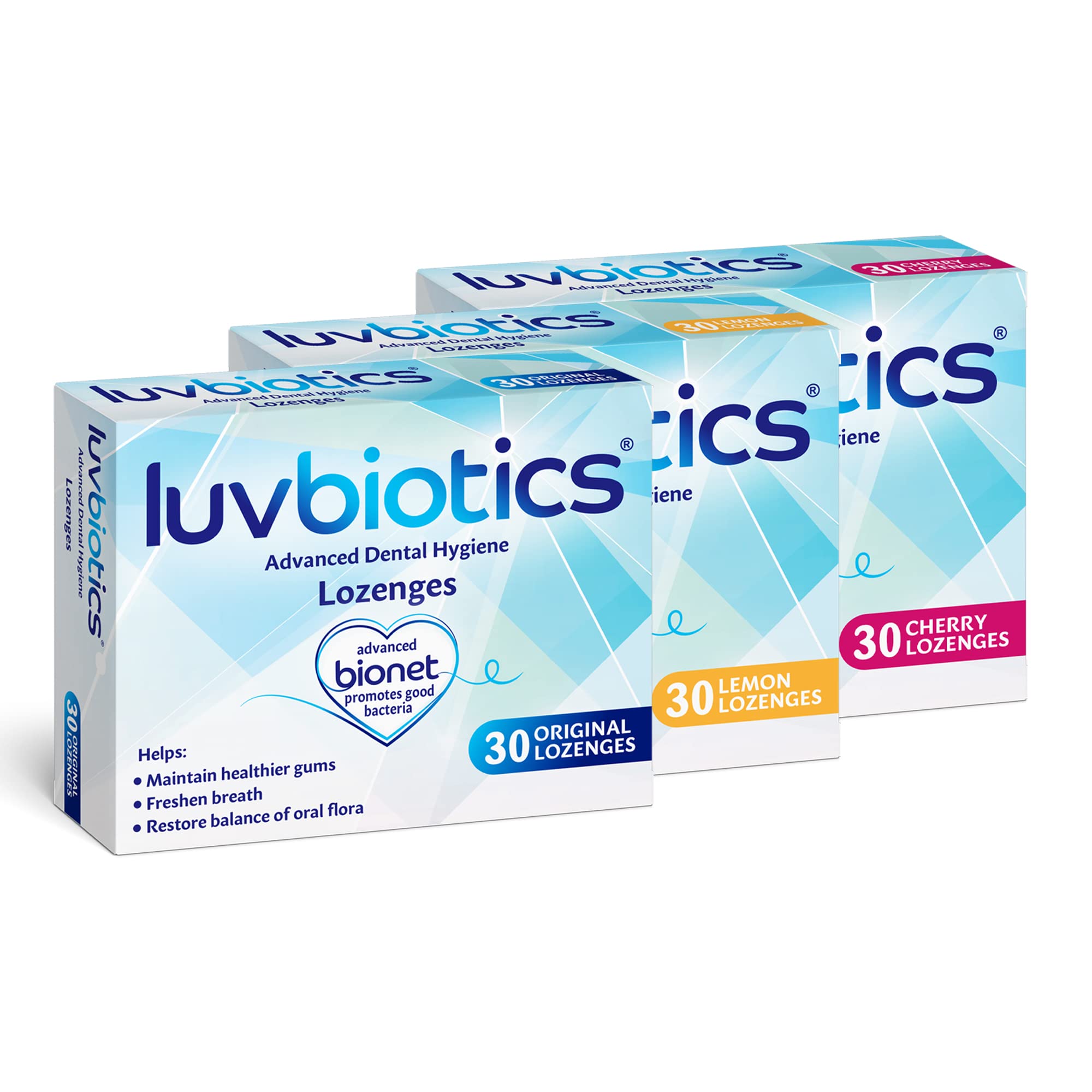 Luv Biotics Original, Cherry & Lemon Flavour Lozenges (Each Flavour Pack of 30's) - Probiotics and Xylitol Promotes Good Bacteria for Fresh Breath and Healthy Teeth & Gums,Yellow