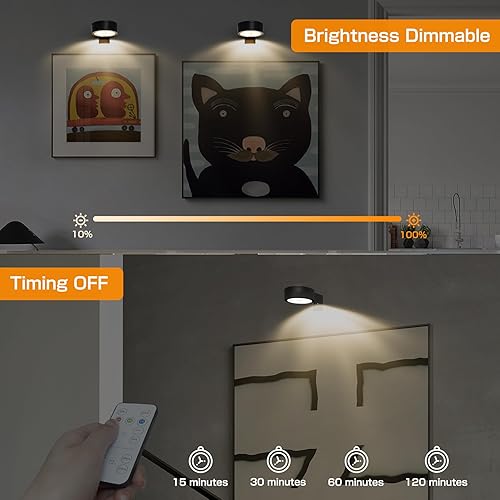Miniatura 3 de Paquete de 2 luces de imagen para pinturas, funciona con pilas, con control remoto, 3 luces de exhibición, luz magnética regulable y temporizador de