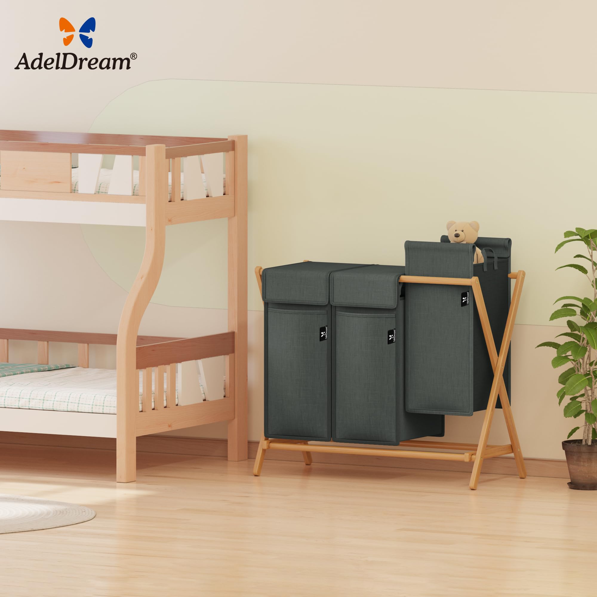 AdelDream Wäschekorb 3 Fächer 150L Bambus Wäschesammler Wäsche Sortiersystem X-förmige Wäschebox laundry baskets Wäschesortierer | Wäschesortierer 3 x 50L, faltbar, mit Deckeln, X-Gestell, Grau