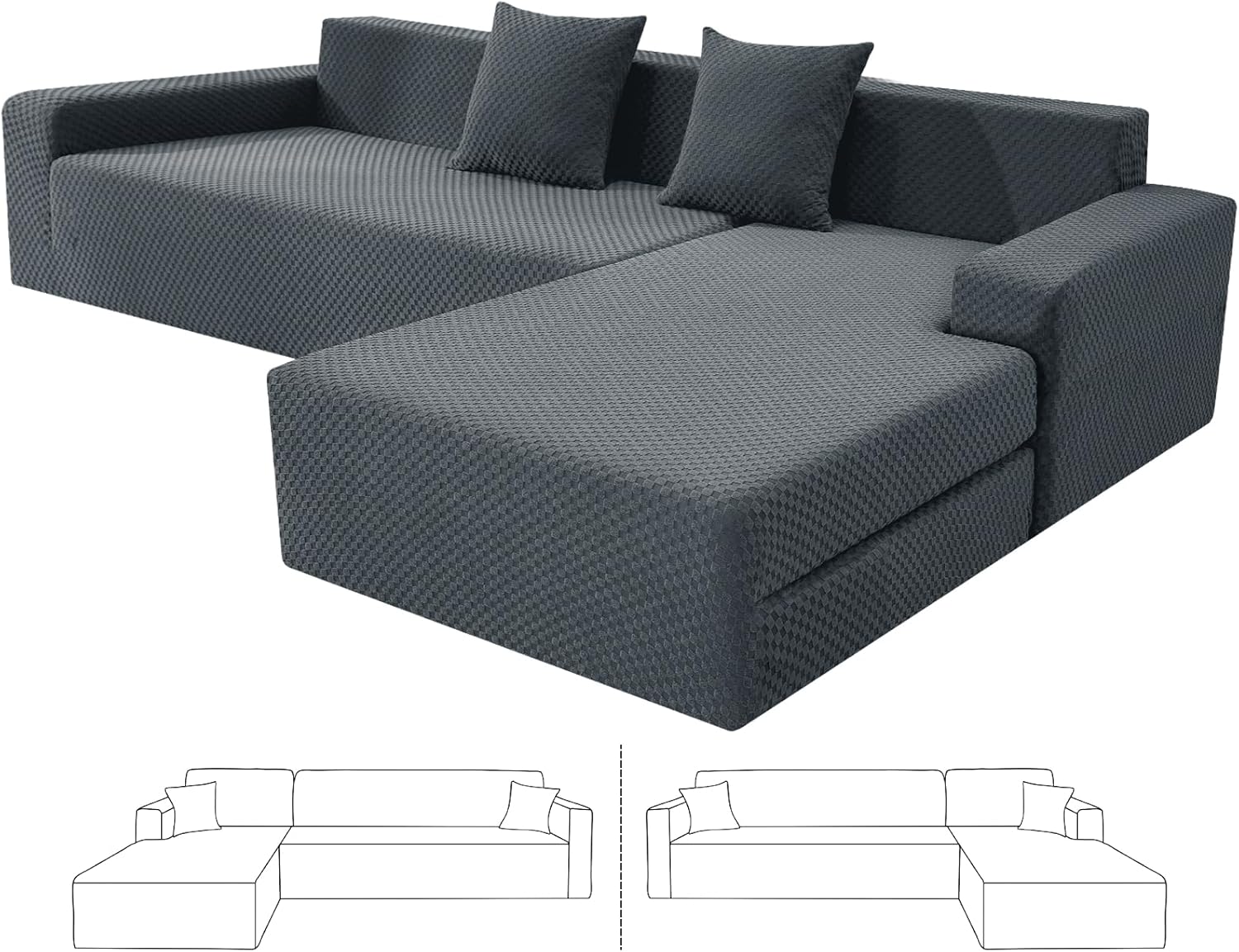 ZNSAYOTX Sectional Couch Covers, Stretch Jacquard Slipcovers with Elastic Bottom for L-Shape Sectional Sofa, 2 Pcs Pet Friendly Modular Sofa Protector (3 Seat Couch + 2 Seat Chaise, Dark Grey)
