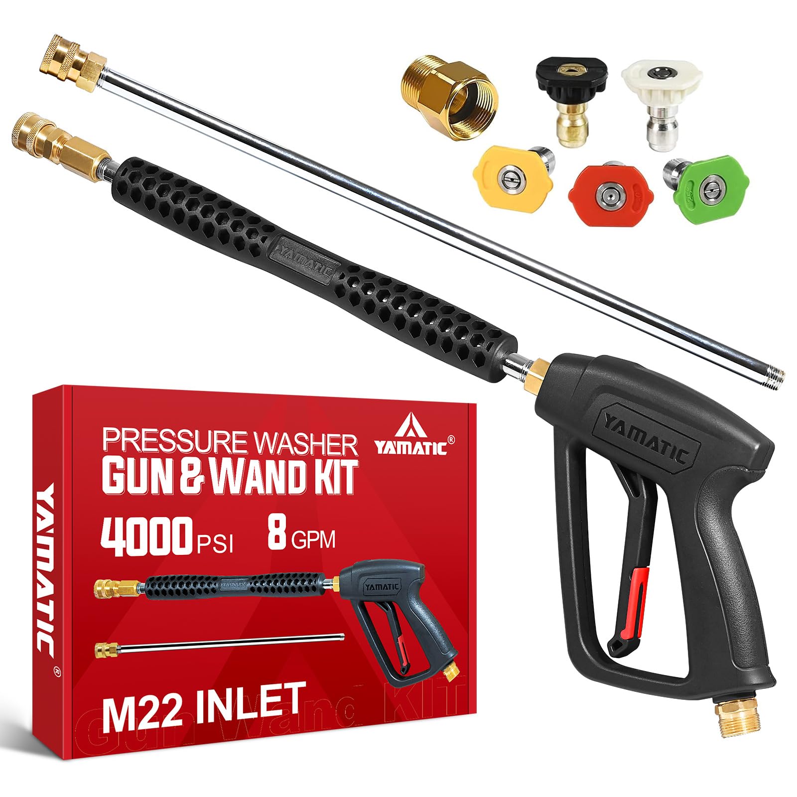 YAMATIC Pressure Washer Gun and Wand with 5 Spray Nozzles, M22-14mm & M22-15mm Fitting Replacement for Ryobi, Karcher, Greenworks, Craftsman, Troy bilt Power Washers, 4000 PSI