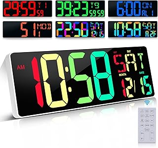Large Digital Wall Clock Large Display 17.2" Big Digital Timer with 9 Groups Timer Remote Control for Gym Classroom 10 Colors Available for LED Wall Clock with Temperature Date Week DST Dynamic RGB